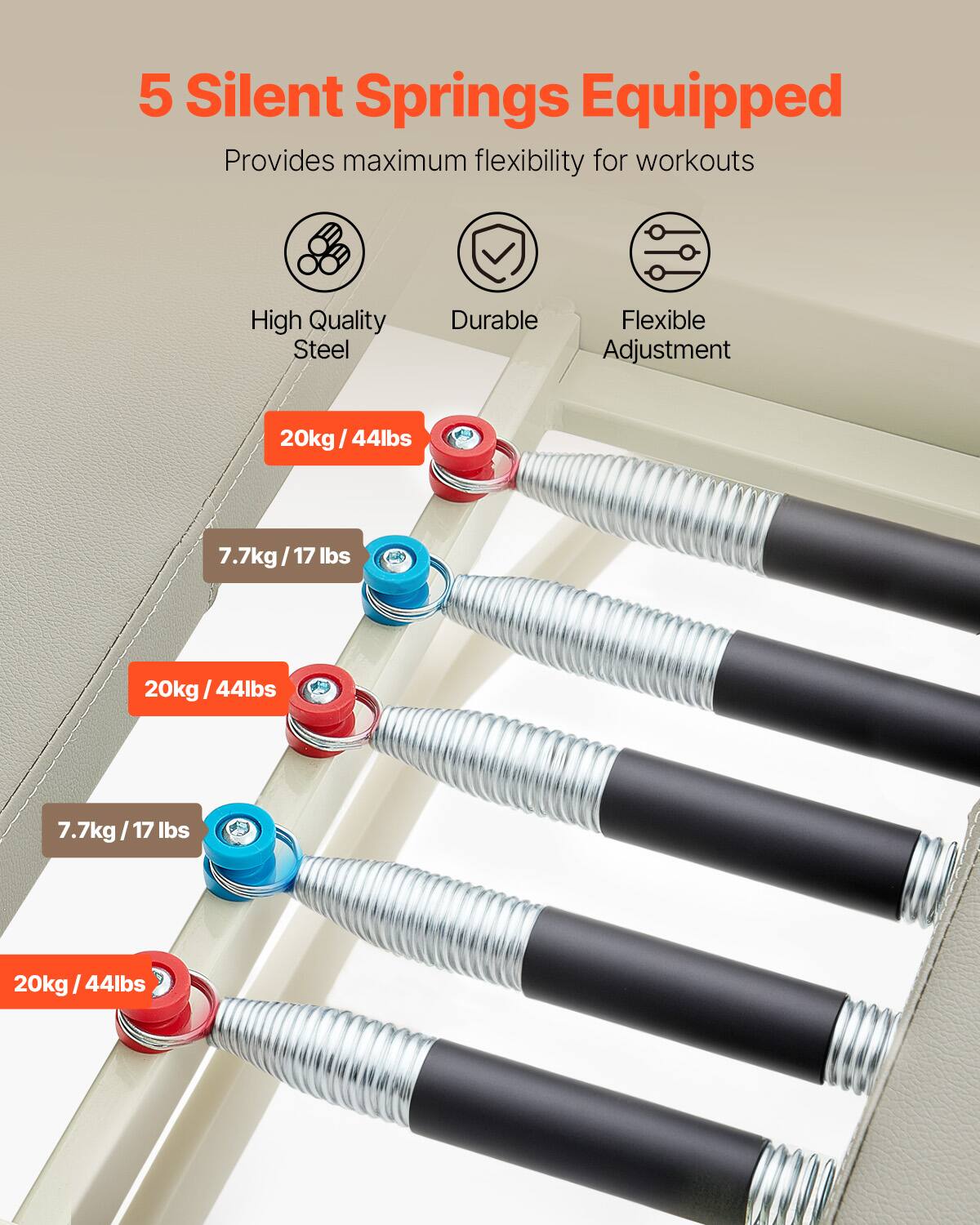 5 Silent Springs Equipped: Provides maximum flexibility for workouts. High Quality Steel, Durable, Flexible Adjustment. 20kg / 44lbs, 7.7kg / 17 lbs.