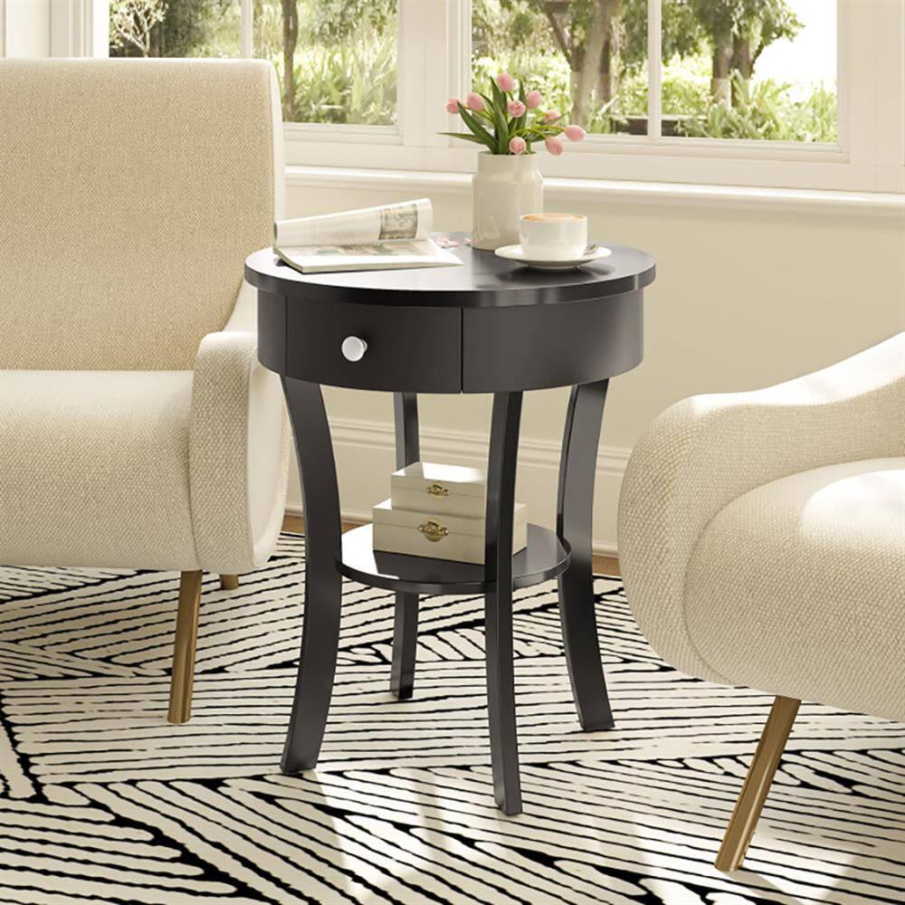 Angle. Kadyn - Sofa Side End Table, End Table, Couch Table,2-Tier Wood Round End Table with Open Drawer-Black - Black.