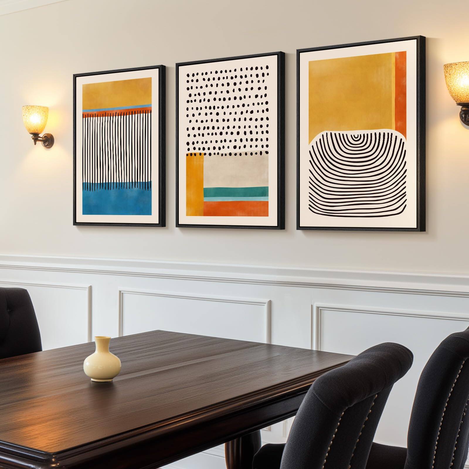 Alt View 1. Hirose Alice - Framed Mid-century Modern Canvas Prints Paintings Artwork for Walls Bright Yellow Block Lines Pictures for - Boho-Beige 16" W x 24" H x 3Pcs.