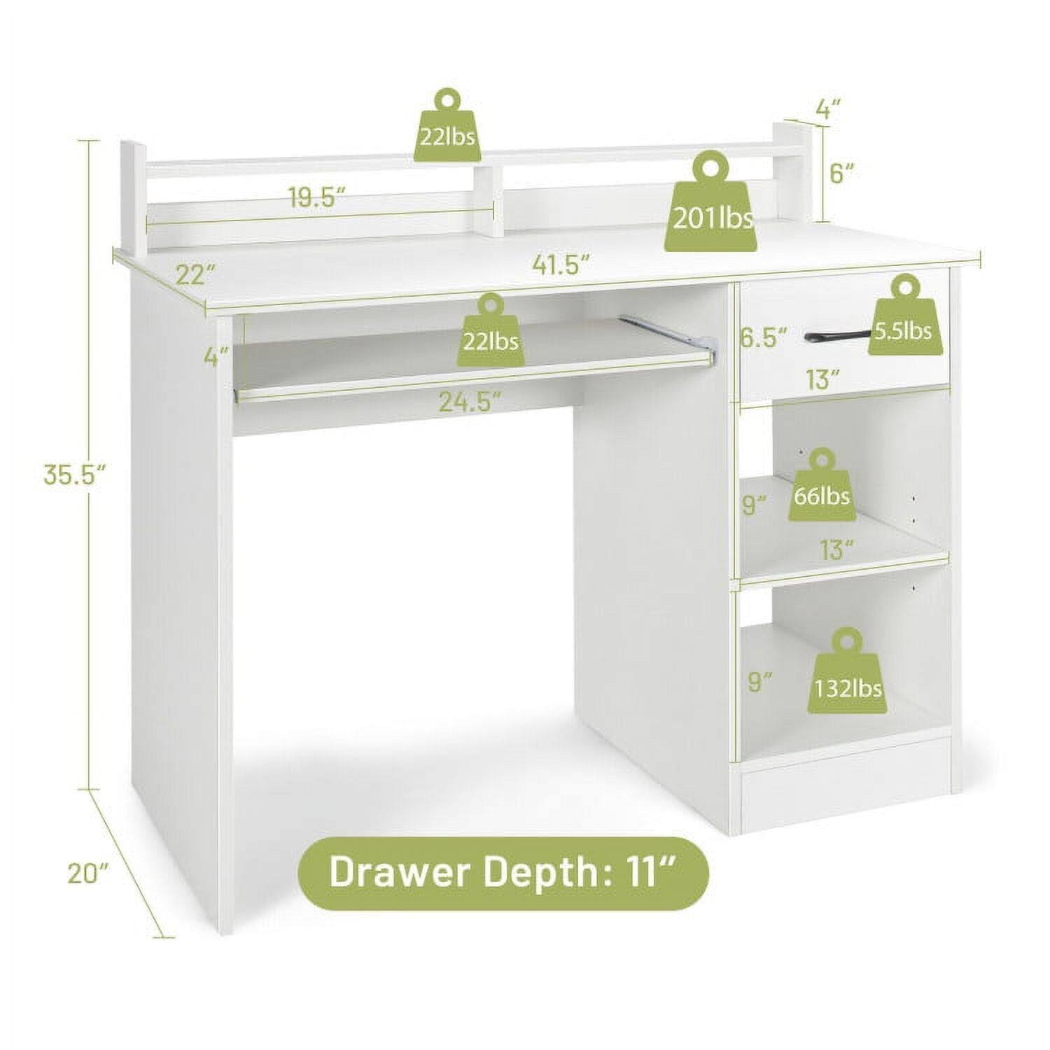 - Width: 41.5"
- Depth: 22"
- Height: 35.5"
- Top Shelf: 201 lbs
- Second Shelf: 22 lbs
- Third Shelf: 5.5 lbs
- Bottom Shelf: 66 lbs
- Drawer: 132 lbs
- Drawer Depth: 11"
- Shelf Spacing: 4" (between top and second shelf), 6" (between second and third shelf), 4" (between third shelf and bottom shelf)
- Drawer Dimensions: 24.5" (width) x 6.5" (height) x 13" (depth)