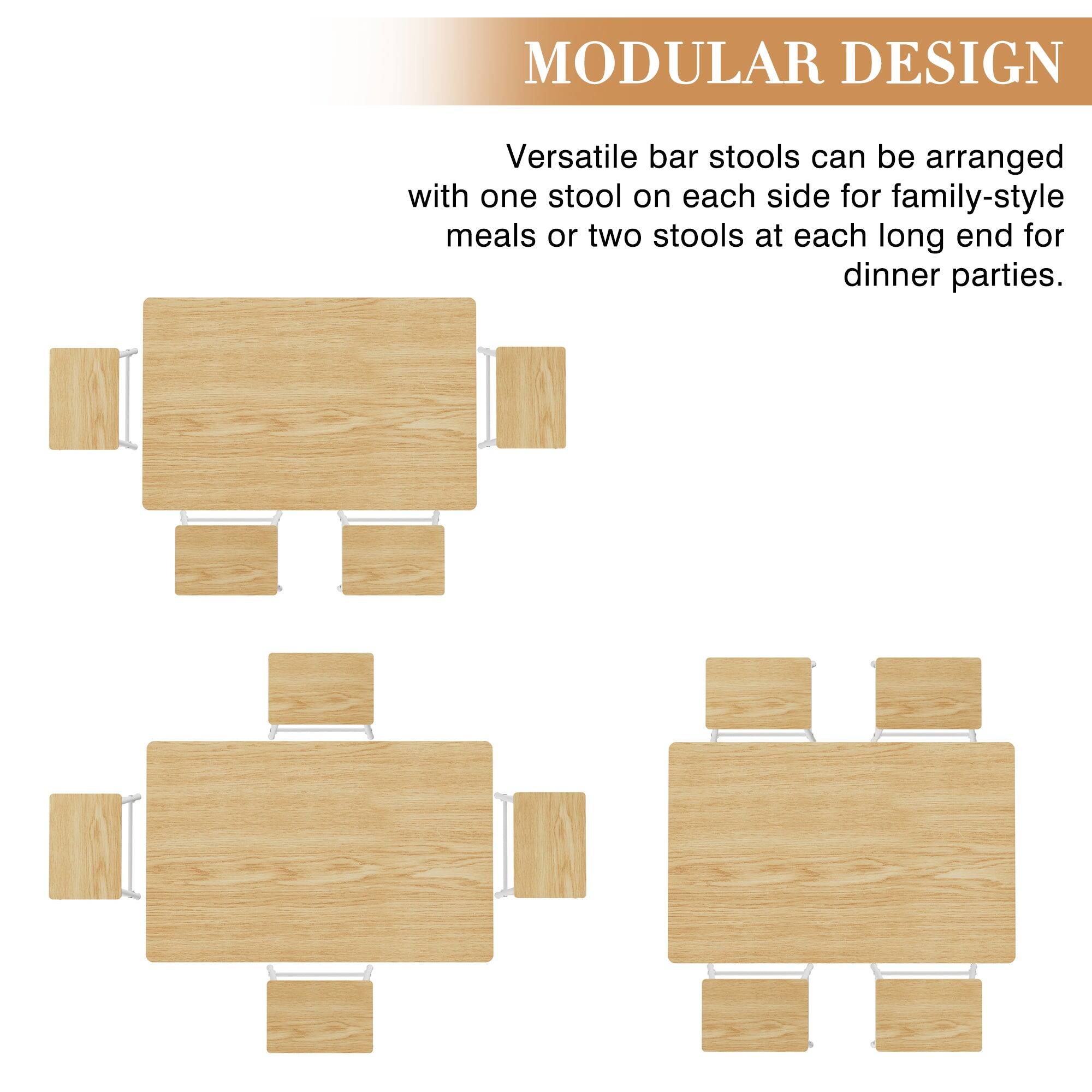 MODULAR DESIGN

Versatile bar stools can be arranged with one stool on each side for family-style meals or two stools at each long end for dinner parties.