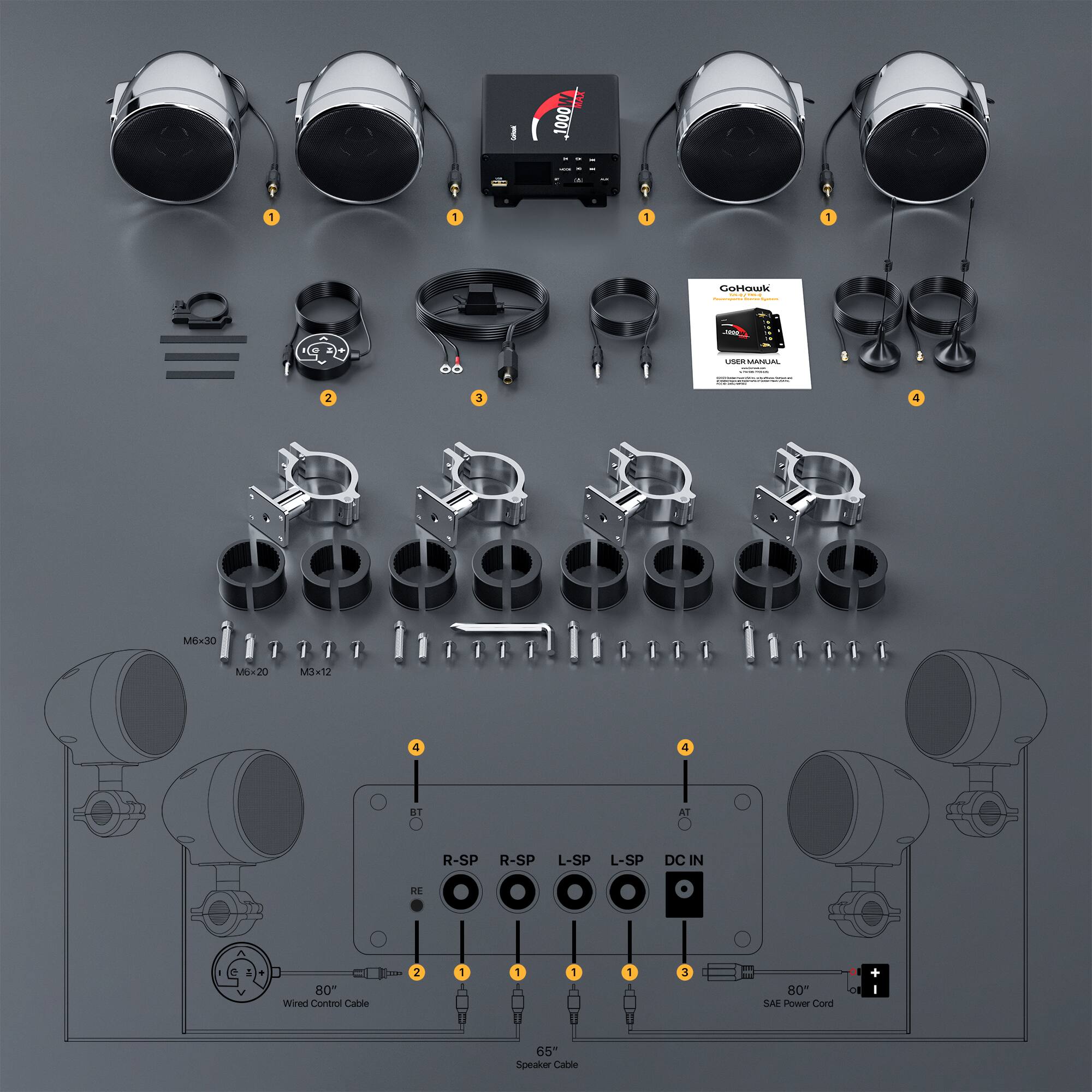 1000 1 1 1 1 Cortmak | | - Uthinoc n : 2 3 4 MOK30 MO-20 liamealisosa lisrrr Mx12 4 4 at A R-SP R-SP L-SP L-SP DC IN HE & 80" Wired Control Cable 2 1 1 1 1 3 80" SA Power Cord + 65- Speaker Cable