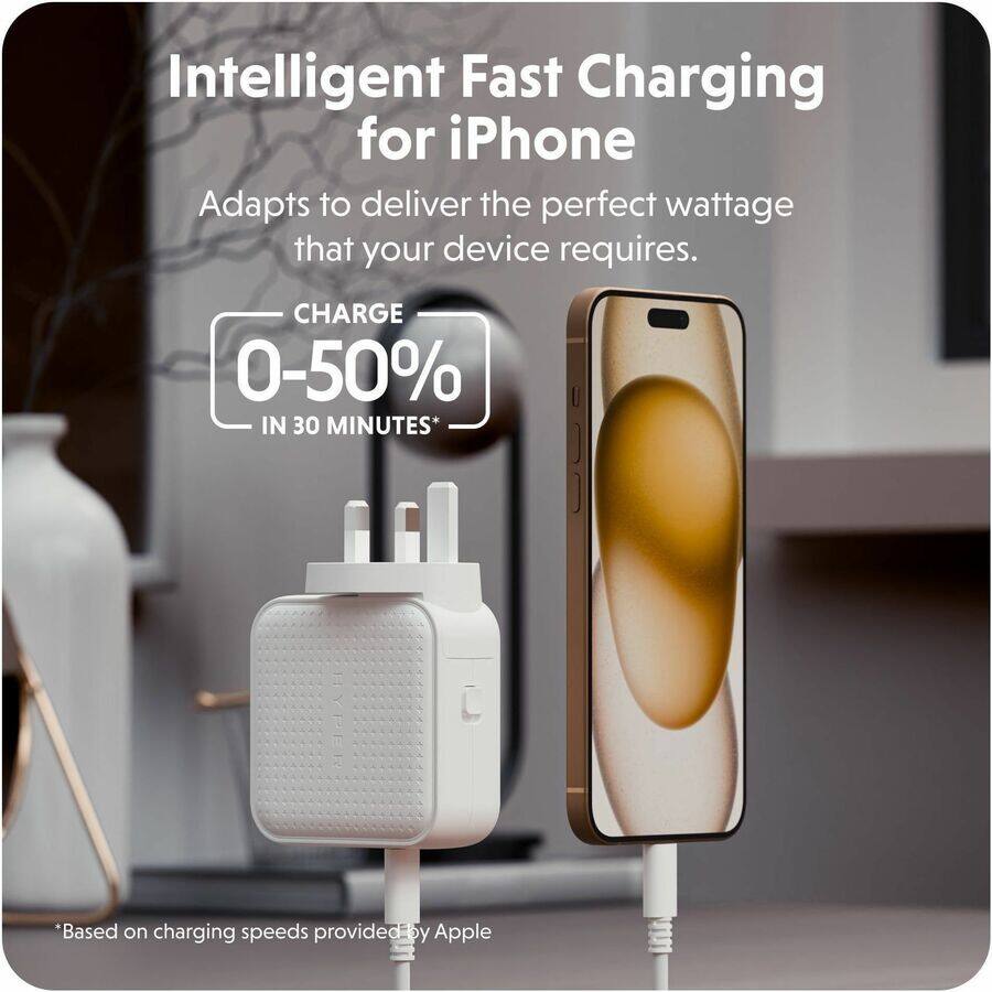 Intelligent Fast Charging for iPhone  
Adapts to deliver the perfect wattage that your device requires.  

CHARGE 0-50% IN 30 MINUTES*  
*Based on charging speeds provided by Apple