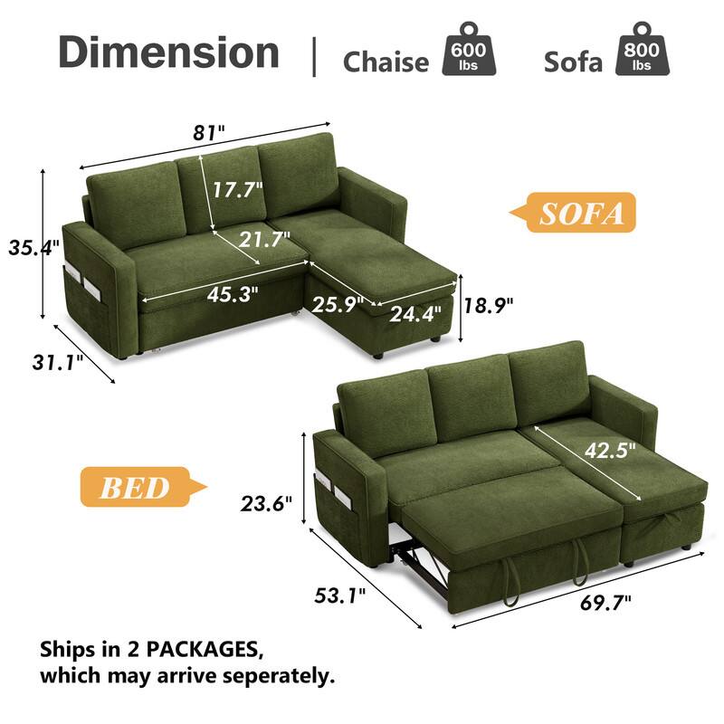 Dimension | 600 lbs Chaise, 800 lbs Sofa  
SOFA: 81" x 35.4" x 17.7"  
BED: 45.3" x 25.9" x 18.9"  
Ships in 2 PACKAGES, which may arrive separately.