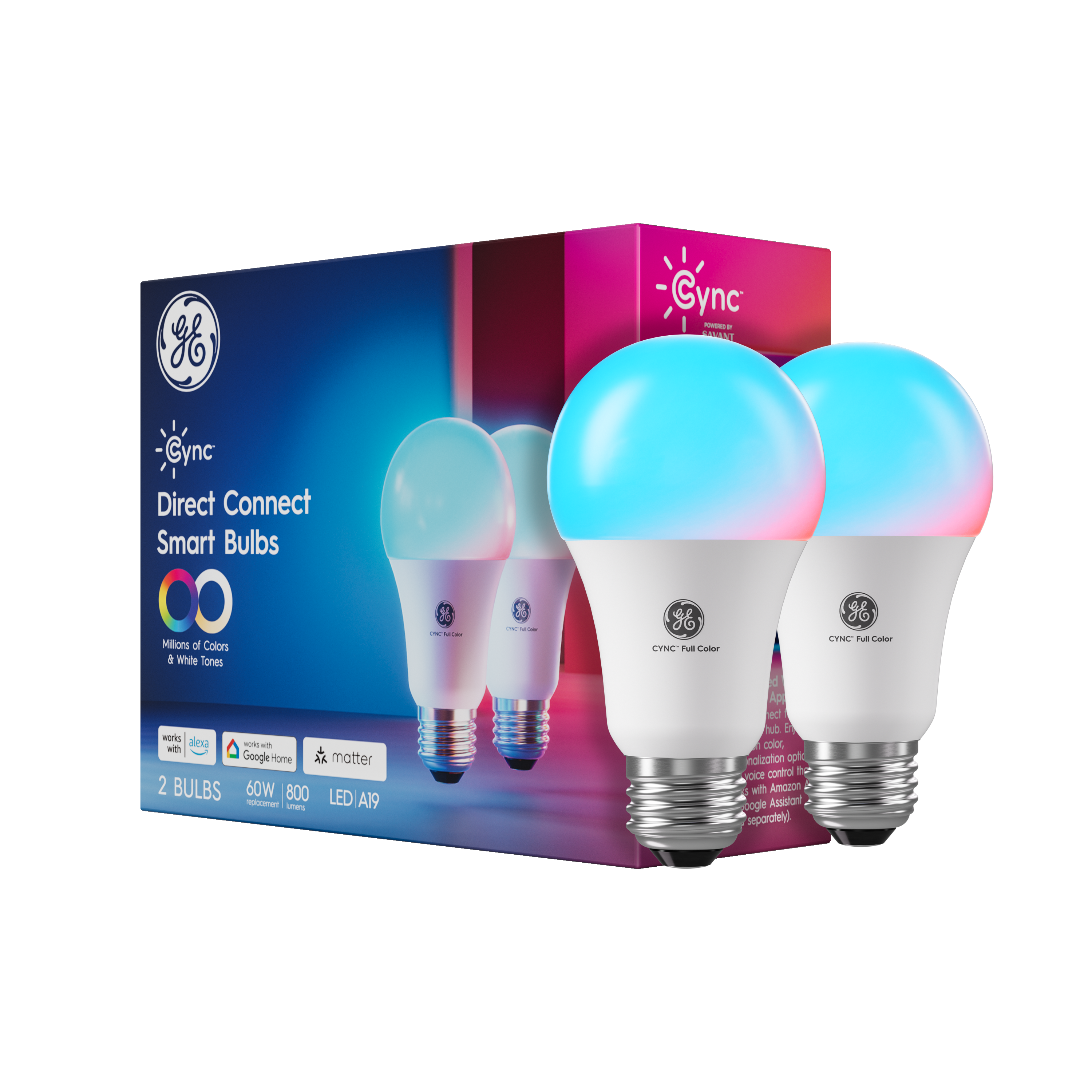 Cync - A19 LED Light Bulb, Matter Compatible, Color Changing, 2pk - Full Color
