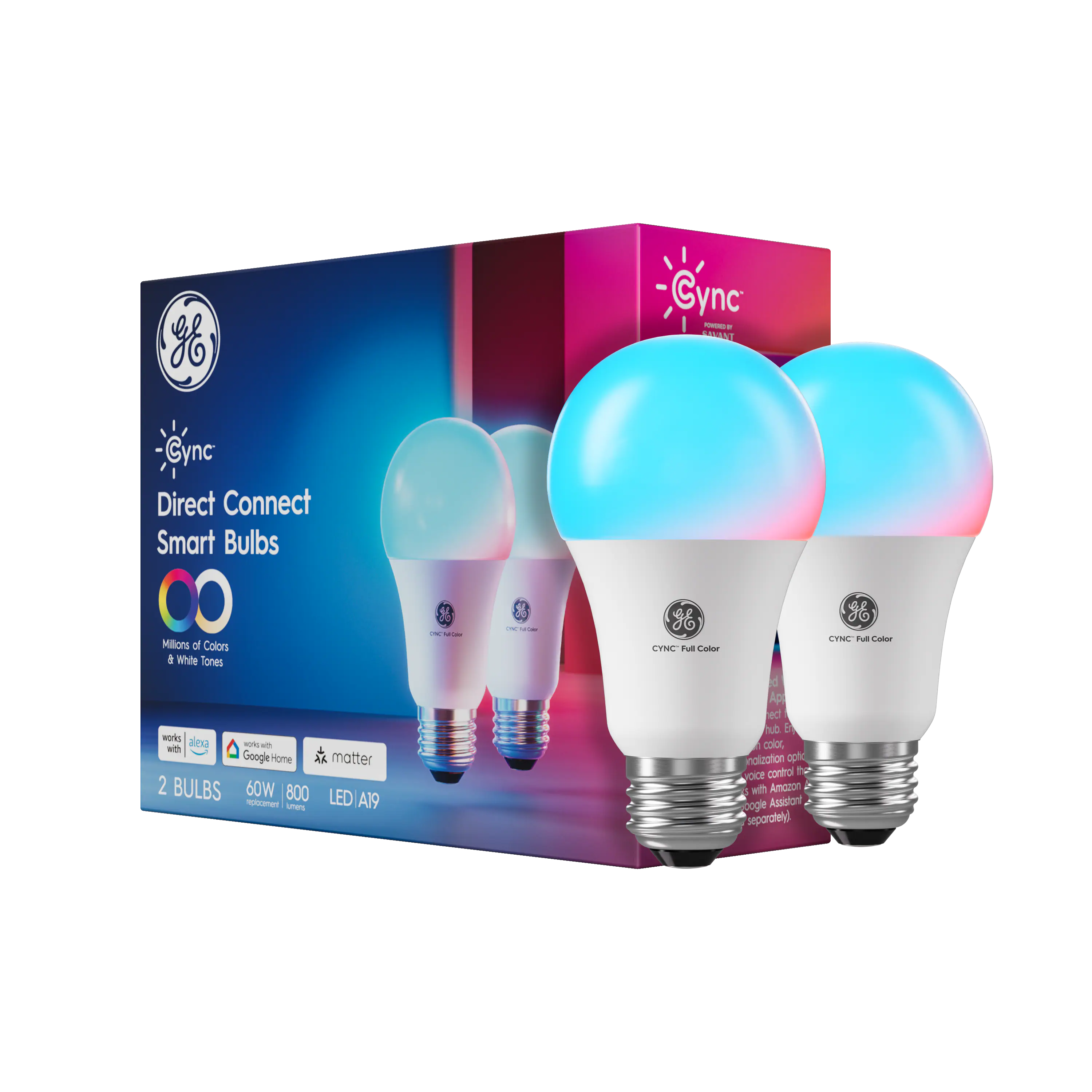 Cync Direct Connect Smart Bulbs
- Millions of Colors & White Tones
- Works with Alexa, Google Home, Matter
- 2 Bulbs
- 60W Equivalent
- 800 Lumens
- LED A19
Cync Full Color
- App control, voice control with Amazon Alexa Assistant (separately)
- Individually controlled
- Optical control
- Works with Amazon Alexa Assistant (separately)
