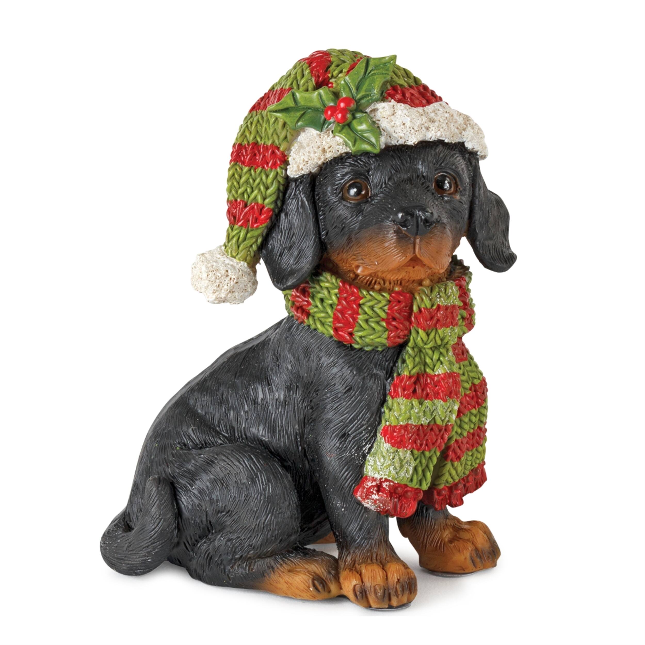 Back. BreeBe - Winter Dog Figurine with Hat and Scarf Accent (Set of 12) - Green, Red, Grey.