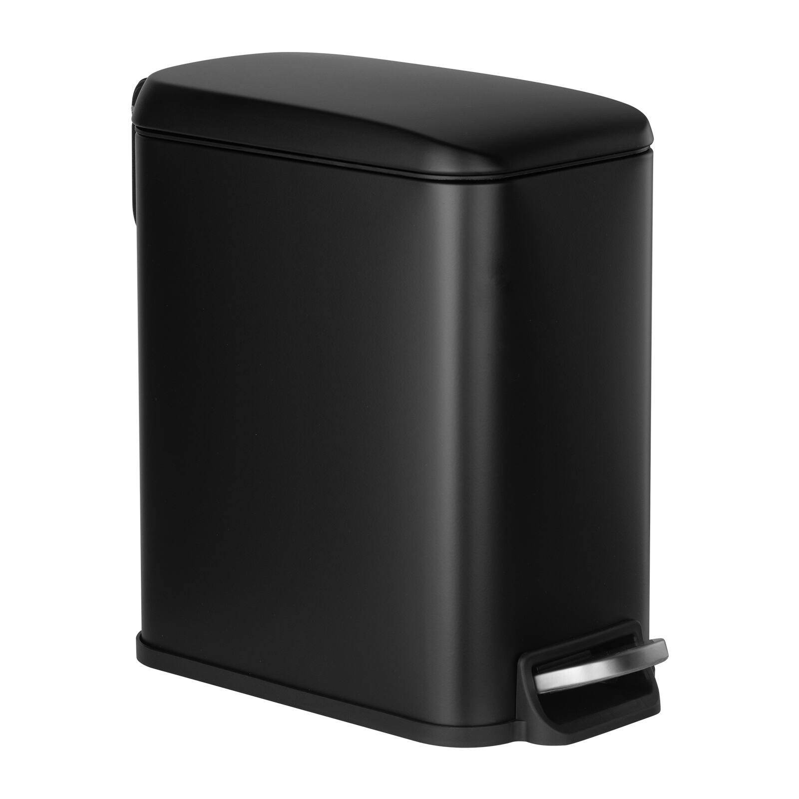 Front. VEVOR - Slim Bathroom Trash Can, 11.4 x 5.71 x 10.7 Inch Compact Trashcan with Step Pedal & Quiet-Close Lid, 6L Steel Bin - Black.
