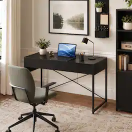 WELLFOR - 44" Industrial Computer Desk with 2-Drawer, Study Writing Desk with Steel Frame for Home Office - Black