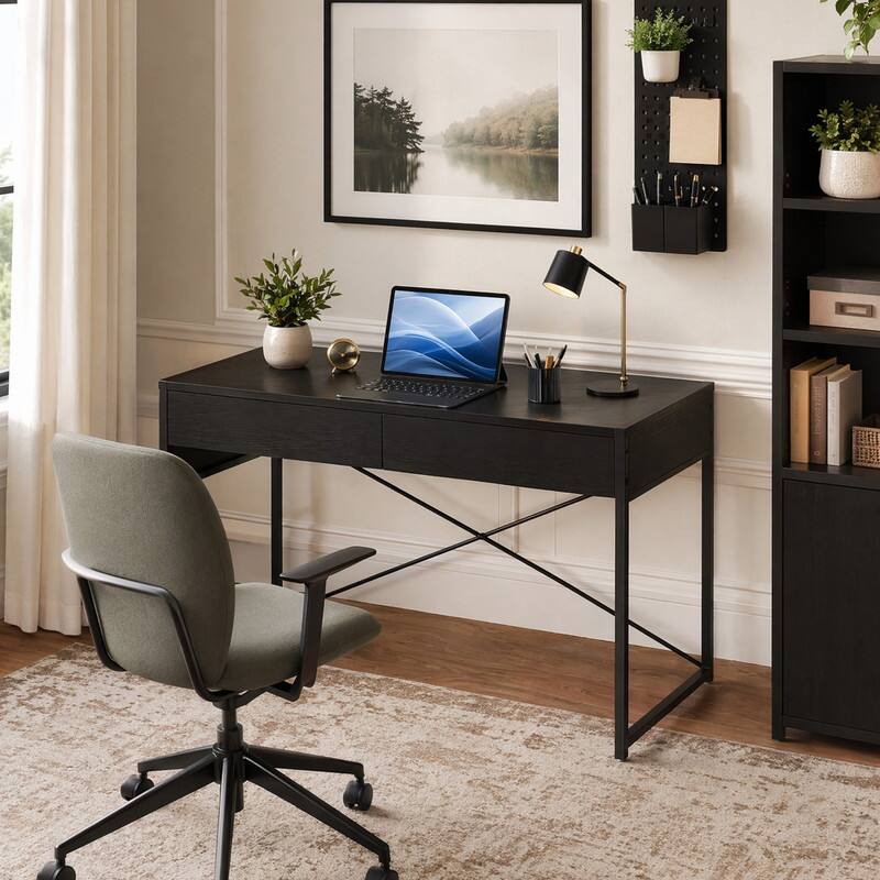WELLFOR - 44" Industrial Computer Desk with 2-Drawer, Study Writing Desk with Steel Frame for Home Office - Black