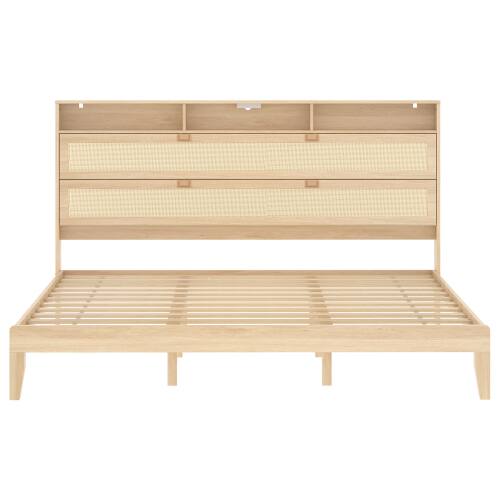 Alt View 1. Winado - Bed Frame with Storage Headboard and Charging Station, Rattan Platform Bed Wood Bed with Shelves, No Box Spring Needed - Natural,King Size.