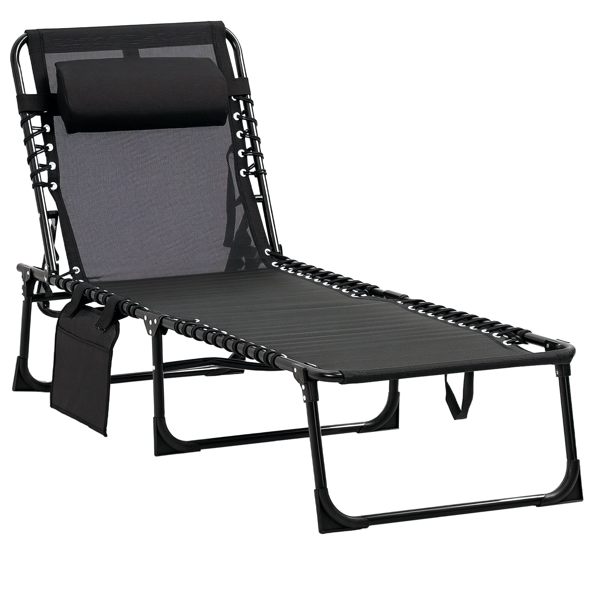 Outsunny - Reclining Chaise Lounge Chair, Portable Sun Lounger, Folding Camping Cot with Adjustable Backrest and Removable Pillow - Black