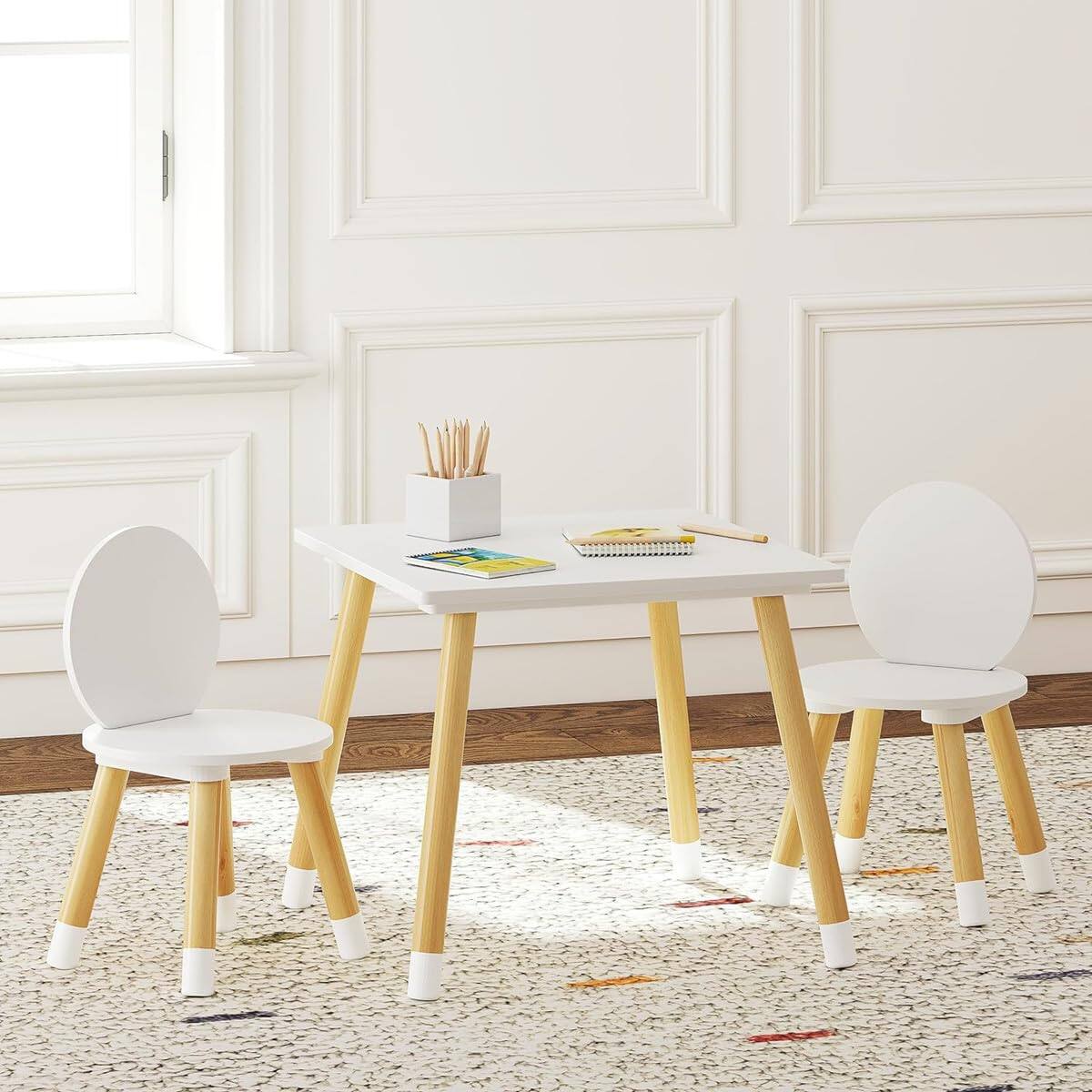Left. JETRANSPORT - Table With 2 Chairs Set For 3 Piece Kiddy And White WELL BUILT: Crafted From Quality Engineer Wood, Pine Wood - Square Table with Round Chairs.