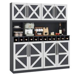 Gymax - 63'' Wide Kitchen Buffet Hutch w/4 Cabinets 2 Open Shelves & 12-Bottle Wine Rack Dark - Gray