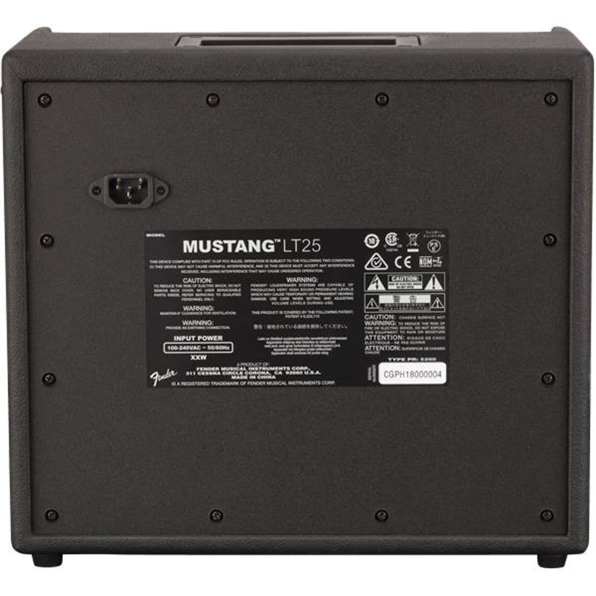 MUSTANG LT25

CAUTION: WARNING

INPUT POWER 100-240VAC 50/60Hz

XXW FENDER MUSICAL INSTRUMENTS CORP.  
CORONA, CA U.S.A.  
A REGISTERED TRADEMARK OF FENDER MUSICAL INSTRUMENTS CORP.

CGPH18000004

MODEL: MUSTANG LT25

WARNING:  
- The product contains chemicals known to the State of California to cause cancer and birth defects or other reproductive harm.  
- The product contains chemicals known to the State of California to cause cancer and birth defects or other reproductive harm.  
- The product contains chemicals known to the State of California to cause cancer and birth defects or other reproductive harm.

ATTENTION:  
- ATTENTION:  
- ATTENTION:  
- ATTENTION:  

TYPE: P9000

CE  
NOM  
...