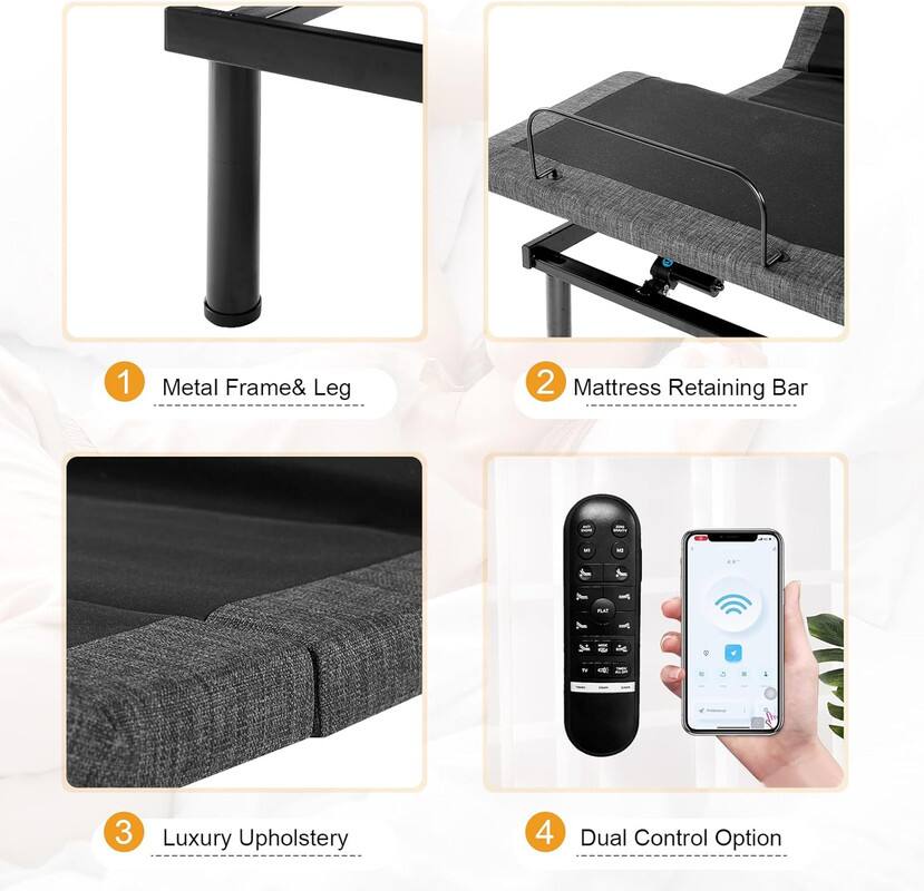 1 Metal Frame& Leg
2 Mattress Retaining Bar
3 Luxury Upholstery
4 Dual Control Option