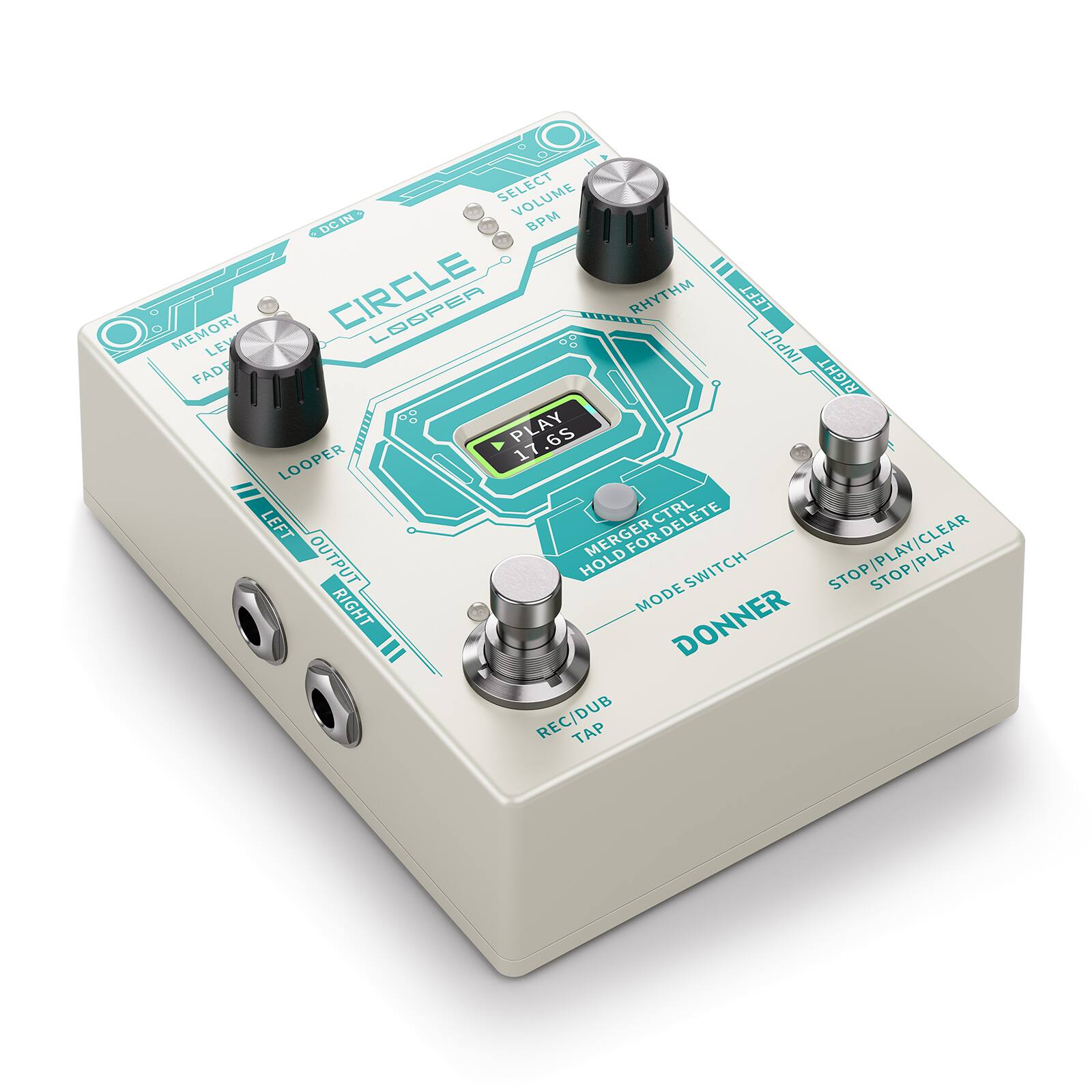 O W SELECT VOLUME DCIN BPM II LOOPER RHYTHM LEFT LESSIES MEMORY LEV 6% INPUT FADE RIGHT PLAY TRRETI 17.65 17 a. LOOPER LEFT CTRL MERGER FOR OUTPUT HOLD SWITCH STOP/PLAY RIGHT MODE DONNER REC/DUB TAP