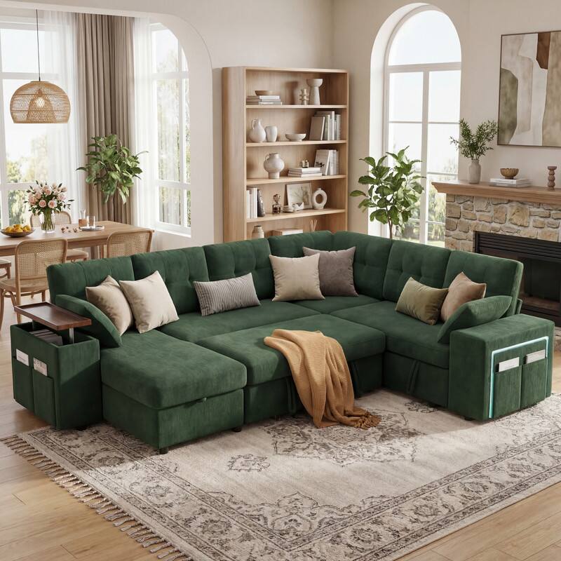 Alt View 4. Dyonery - 112" Modular Sofa Set, L-Shaped 7-Seater Sofa Bed / With Height-Adjustable Storage Chaise Armrests / USB/LED Light. - Green.
