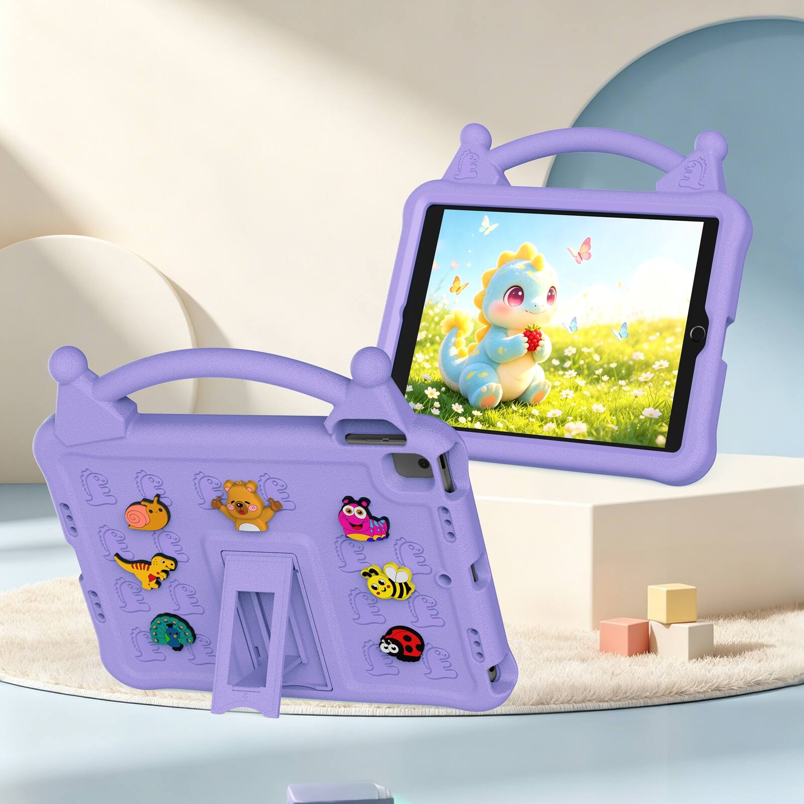 Angle. UUCOVER - Kids Case for iPad 9th 8th 7th Generation 10.2-inch (2021/2020/2019) ,Shockproof EVA Case with Handle Kickstand Cover - Lightpurple.