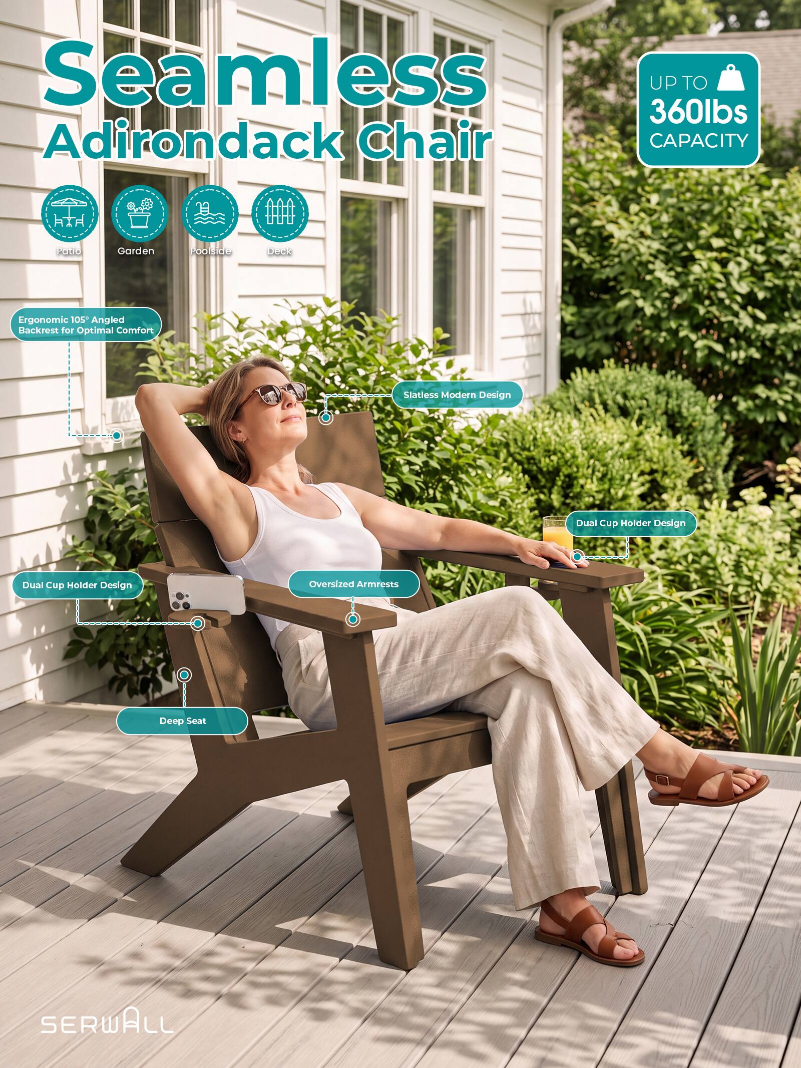Seamless Adirondack Chair

- UP TO 360lbs CAPACITY
- Patio
- Garden
- Poolside
- Deck
- Ergonomic 105° Angled Backrest for Optimal Comfort
- Statless Modern Design
- Dual Cup Holder Design
- Oversized Armrests
- Deep Seat

SERWALL