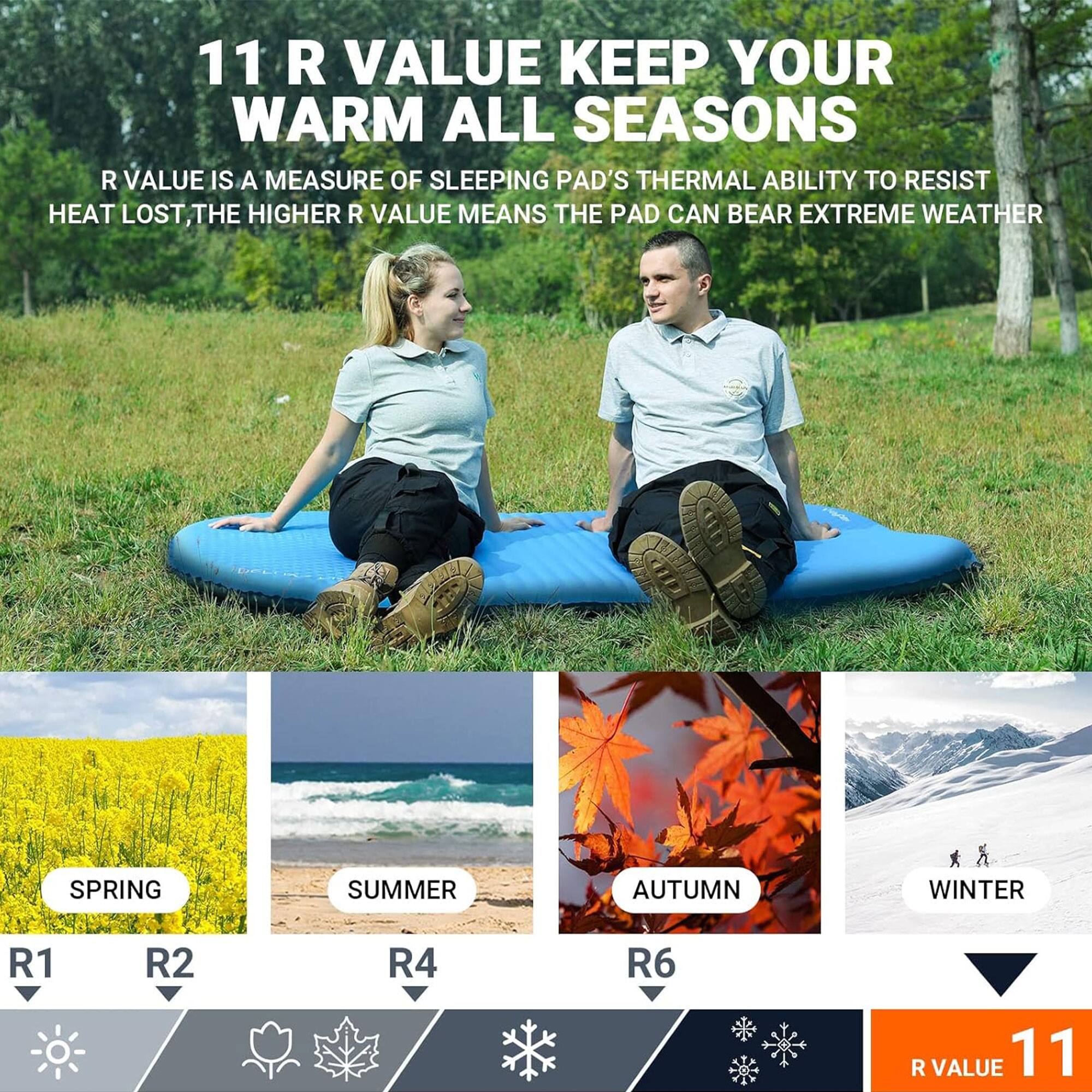 11 R VALUE KEEP YOUR WARM ALL SEASONS

R VALUE IS A MEASURE OF SLEEPING PAD'S THERMAL ABILITY TO RESIST HEAT LOST, THE HIGHER R VALUE MEANS THE PAD CAN BEAR EXTREME WEATHER

SPRING  
R1  
R2

SUMMER  
R4

AUTUMN  
R6

WINTER  
R VALUE 11