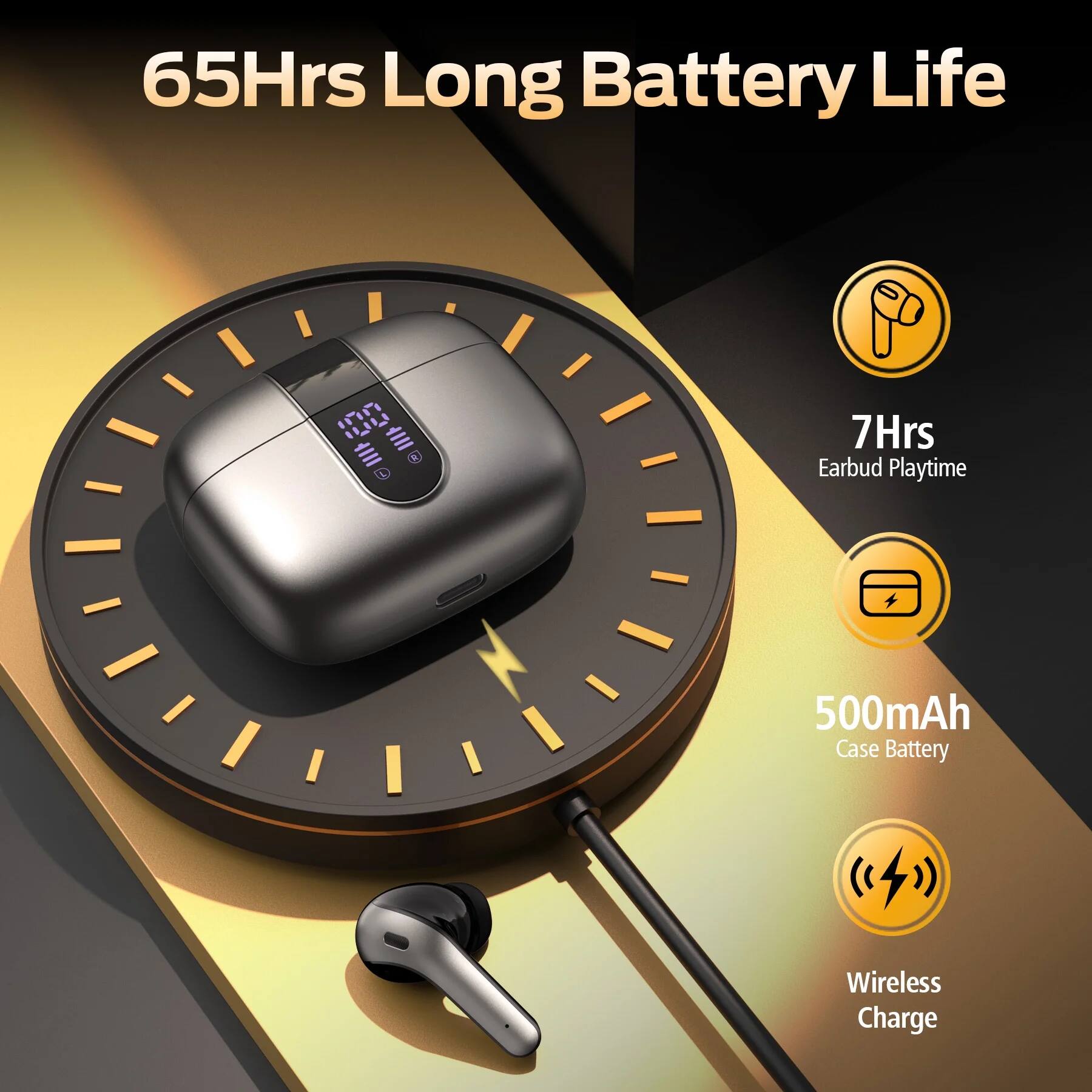 65Hrs Long Battery Life  
7Hrs Earbud Playtime  
500mAh Case Battery  
Wireless Charge