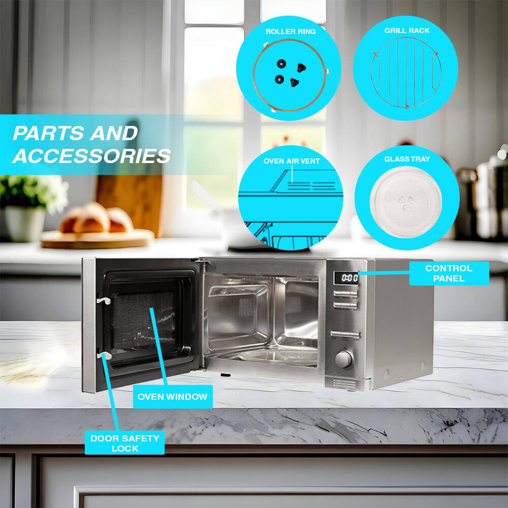 PARTS AND ACCESSORIES

- ROLLER RING
- GRILL RACK
- OVEN AIR VENT
- GLASS TRAY
- CONTROL PANEL
- OVEN WINDOW
- DOOR SAFETY LOCK
