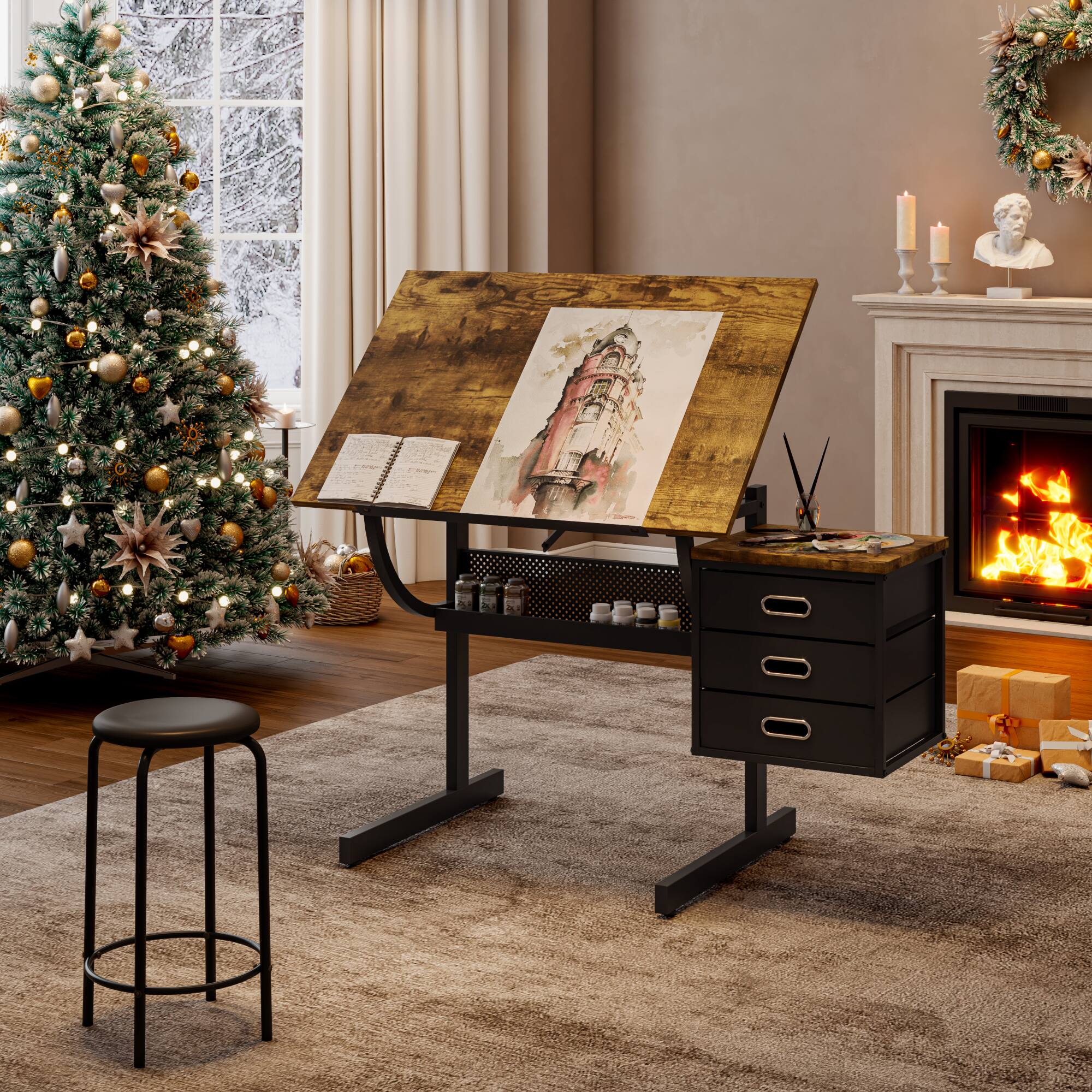 GOODSILO - Professional Adjustable Drafting Table with Storage Drawers and Stool for Artists and Designers - Black