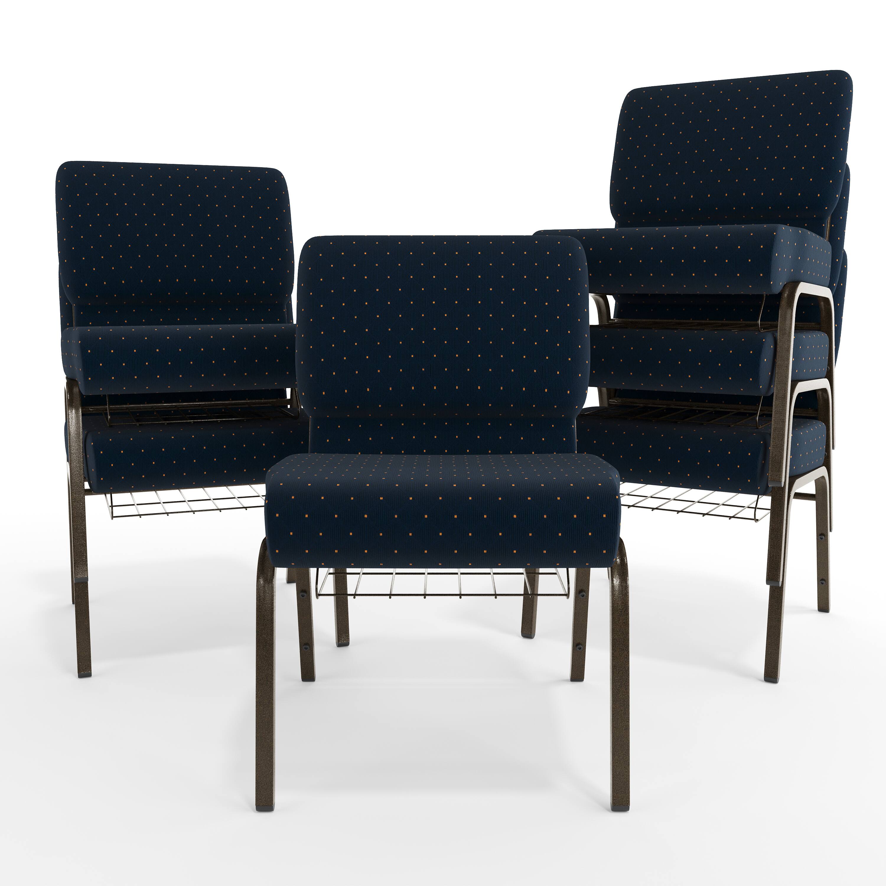 Alt View 10. Emma + Oliver - 21"W Church/Reception Guest Chair with Communion Cup Book Rack - Navy Blue Dot Patterned Fabric/Gold Vein Frame.