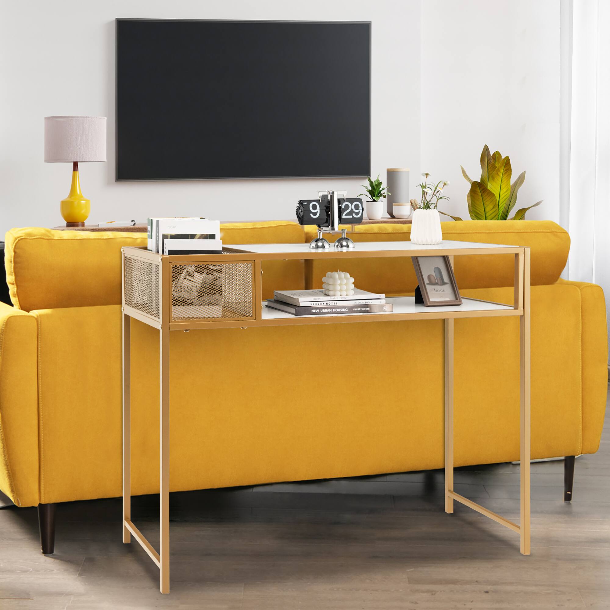 Alt View 1. Costway - Costway Console Entryway Table Long Couch Side Table Narrow for Hallway, Living Room - White,Gold.