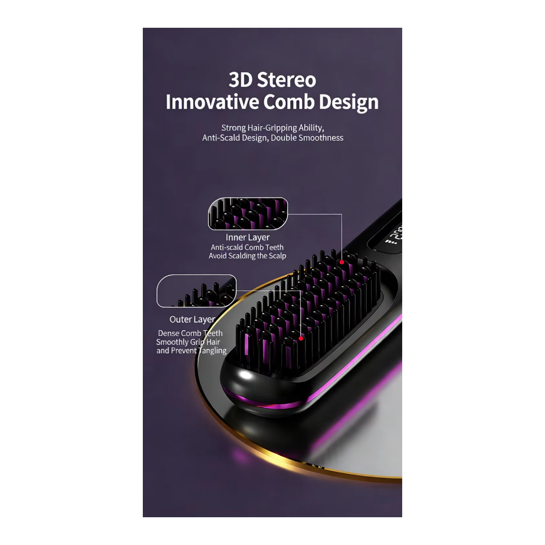3D Stereo Innovative Comb Design  
Strong Hair-Gripping Ability, Anti-Scald Design, Double Smoothness  

Inner Layer  
Anti-scald Comb Teeth  
Avoid Scalding the Scalp  

Outer Layer  
Dense Comb Teeth  
Smoothly Grip Hair and Prevent Tangling