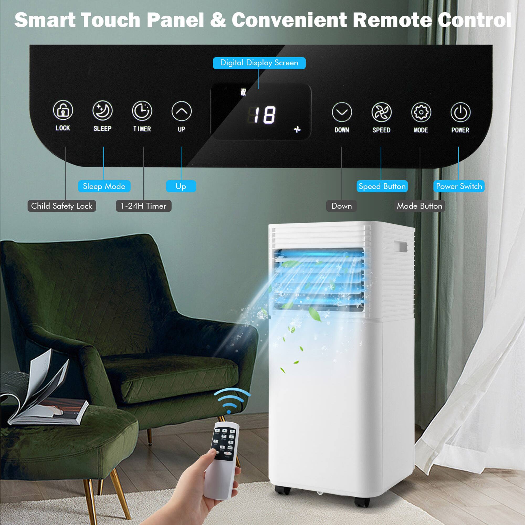 Smart Touch Panel & Convenient Remote Control, Digital Display Screen, LOCK, SLEEP, TIMER, UP, DOWN, SPEED, MODE, POWER, Sleep Mode, Up, Speed Button, Power Switch, Child Safety Lock, 1-24H Timer, Down, Mode Button