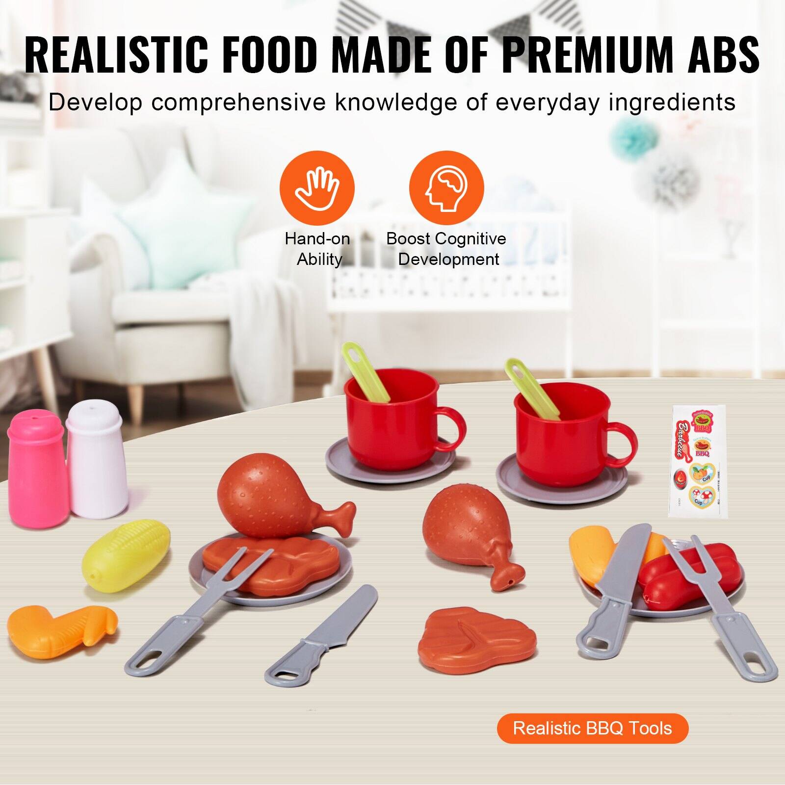REALISTIC FOOD MADE OF PREMIUM ABS  
Develop comprehensive knowledge of everyday ingredients  

Hand-on Ability  
Boost Cognitive Development  

Realistic BBQ Tools