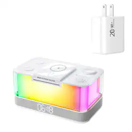 RISOKEYS - Magnetic Wireless Charger - Watch and Earphones Charger with Multi-Function Clock, Bluetooth Speaker, RGB Ambient Light - White