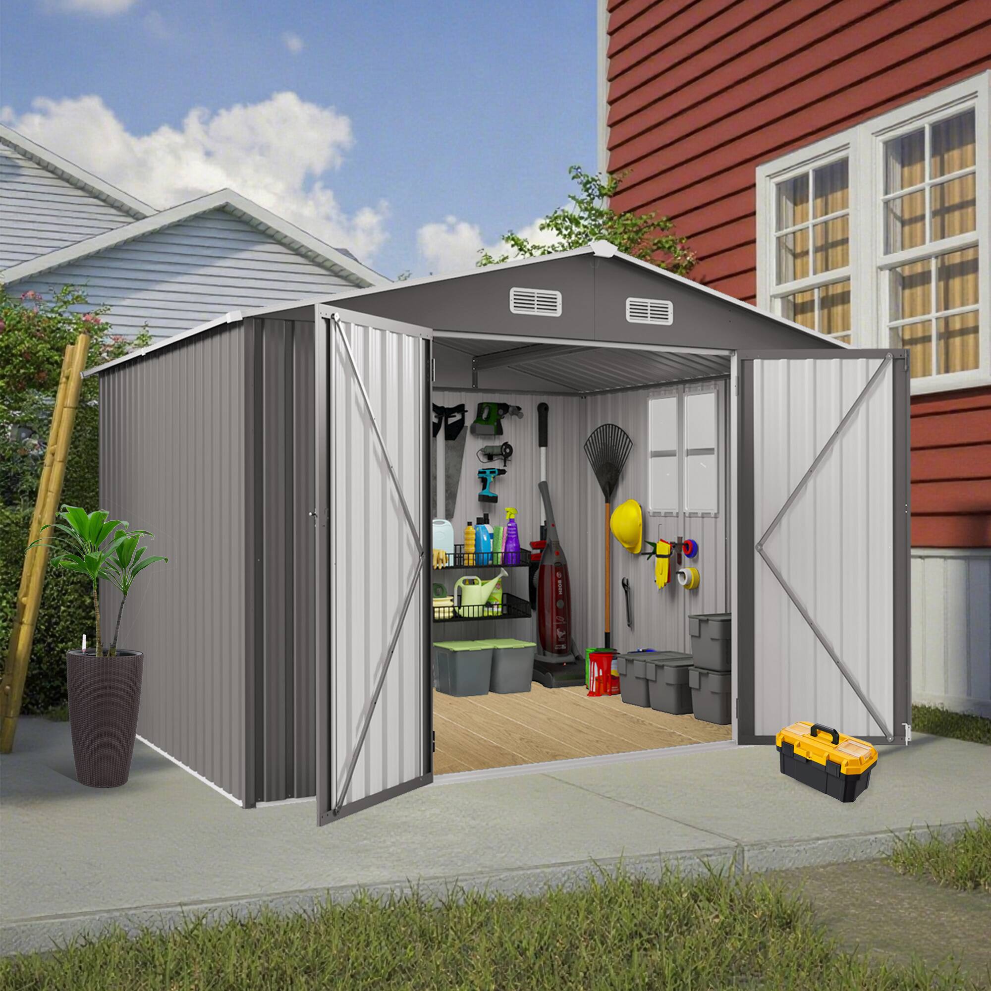 Angle. Anysun - 10 x 8 FT Outdoor Storage Shed – Large Metal Storage Shed with Lockable Door, Air Vent & Clear Window – Garden Tool Shed - Gray.