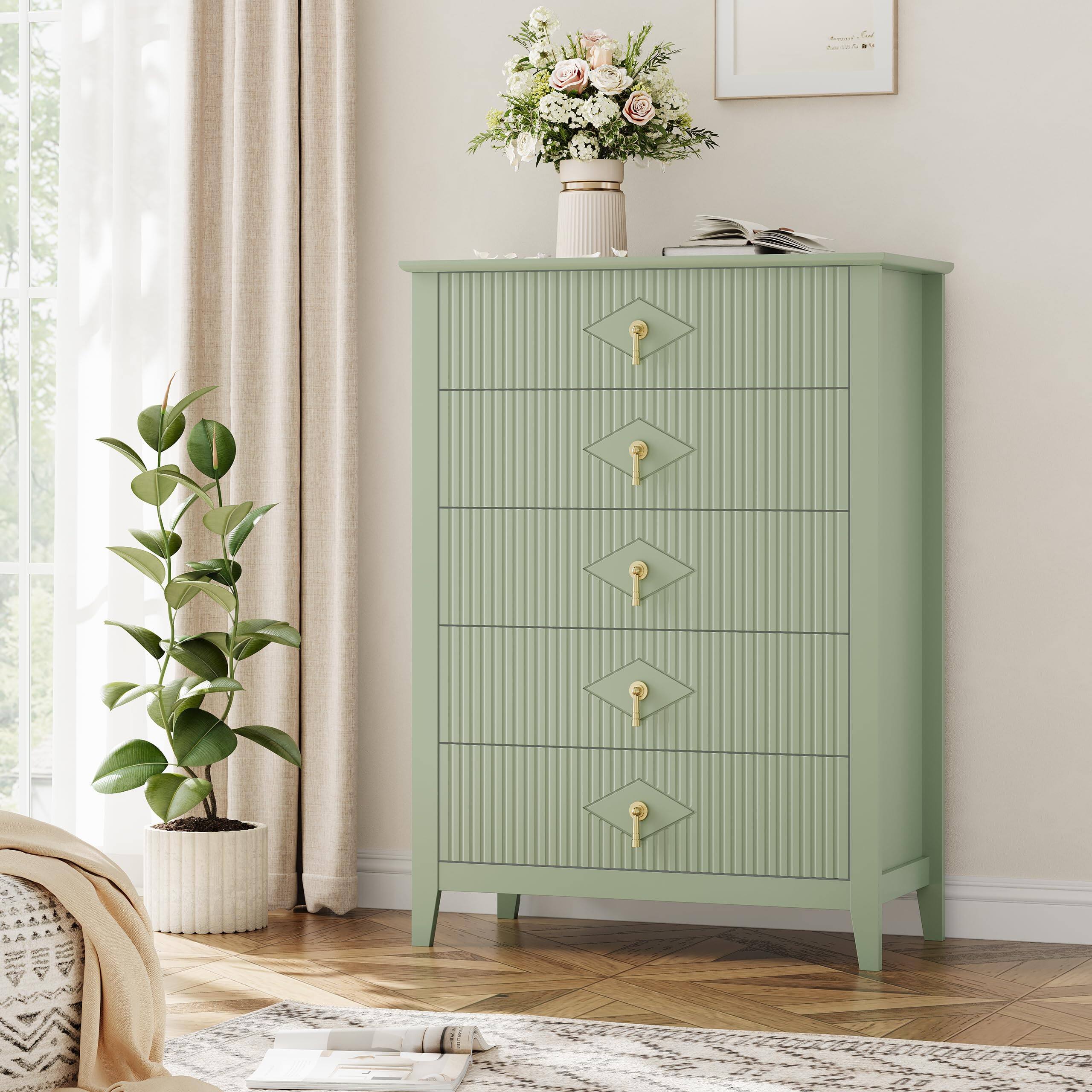 Alt View 9. GARVEE - Tall 5 Drawer Fluted Dresser, 42.9" Modern Wood Chest with Ample Storage Organization - Green.