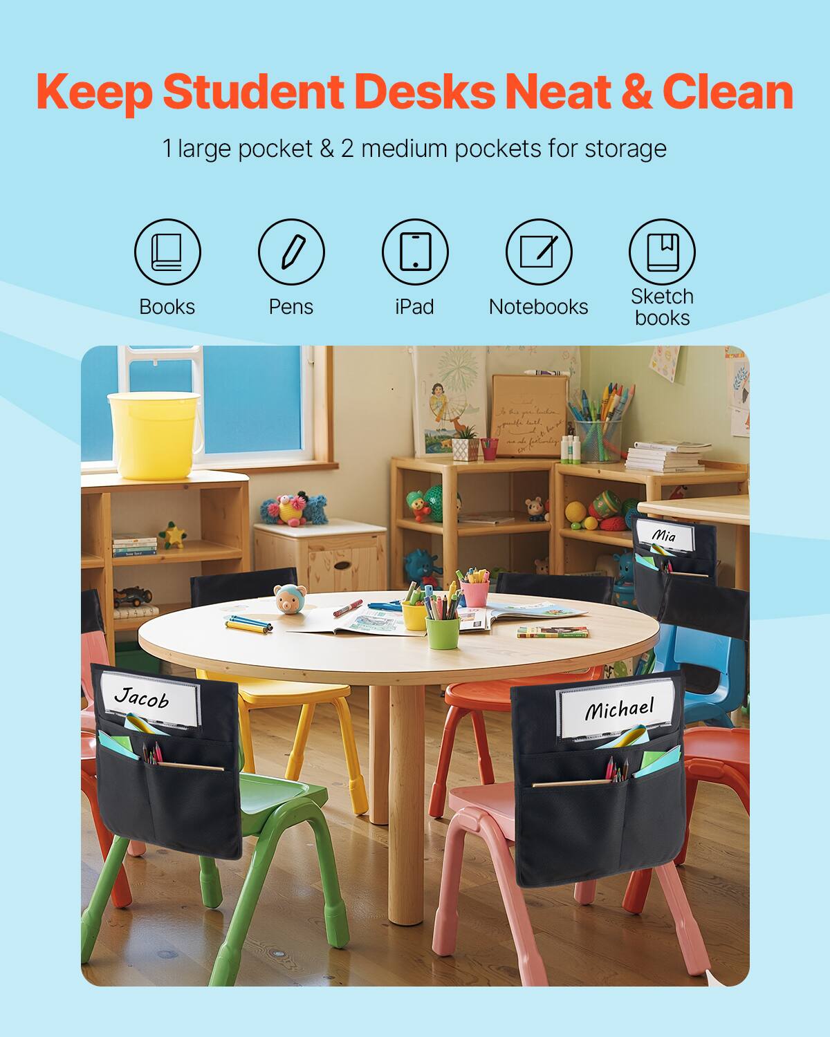 Keep Student Desks Neat & Clean

1 large pocket & 2 medium pockets for storage

- Books
- Pens
- iPad
- Notebooks
- Sketch books

Mia  
Jacob  
Michael