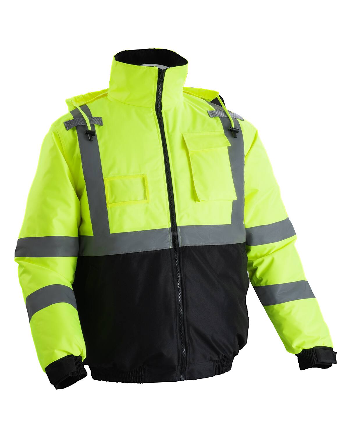 Front. VEVOR - High Visibility Reflective Safety Jacket, Waterproof Winter Hoodie, Work Construction Coat with Pockets for Men & Women - Bright Yellow with Black and Reflective Strips.