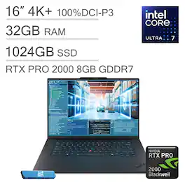 Lenovo - ThinkPad P1 Gen 8 16'' 4K+ Workstation Laptop - Nvidia RTX Pro 2000 - Intel Core Ultra 7 255H - 32GB RAM/1TB SSD - Black
