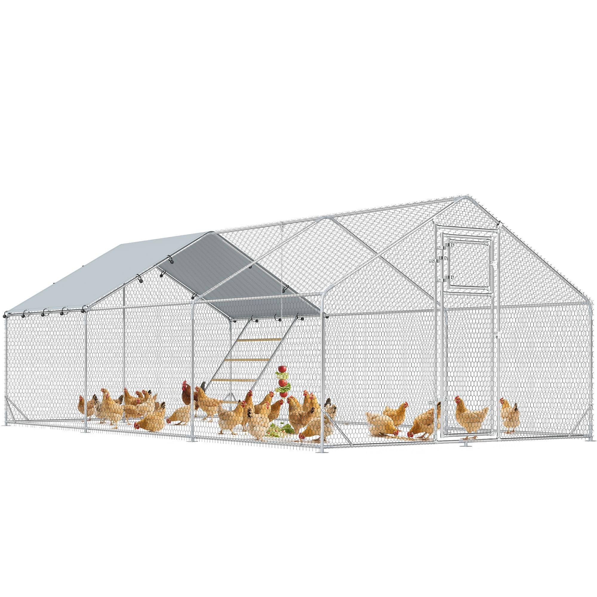 Front. Pawhut - Large Metal Chicken Coop, Walk in Chicken Run with Waterproof & Anti-UV Cover, Feeding Door, Hanging Feeder - Silver.