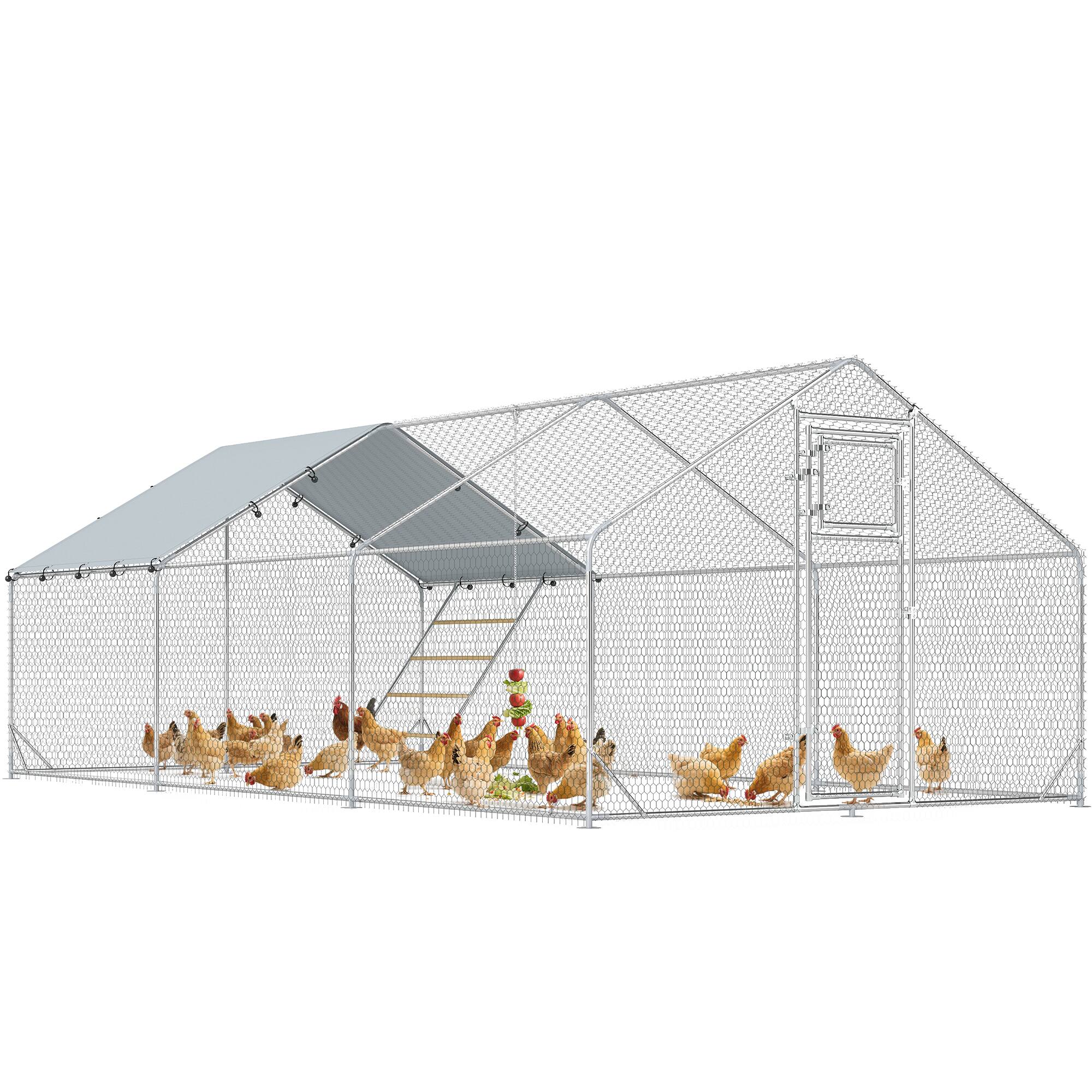 Front. Pawhut - Large Metal Chicken Coop, Walk in Chicken Run with Waterproof & Anti-UV Cover, Feeding Door, Hanging Feeder - Silver.
