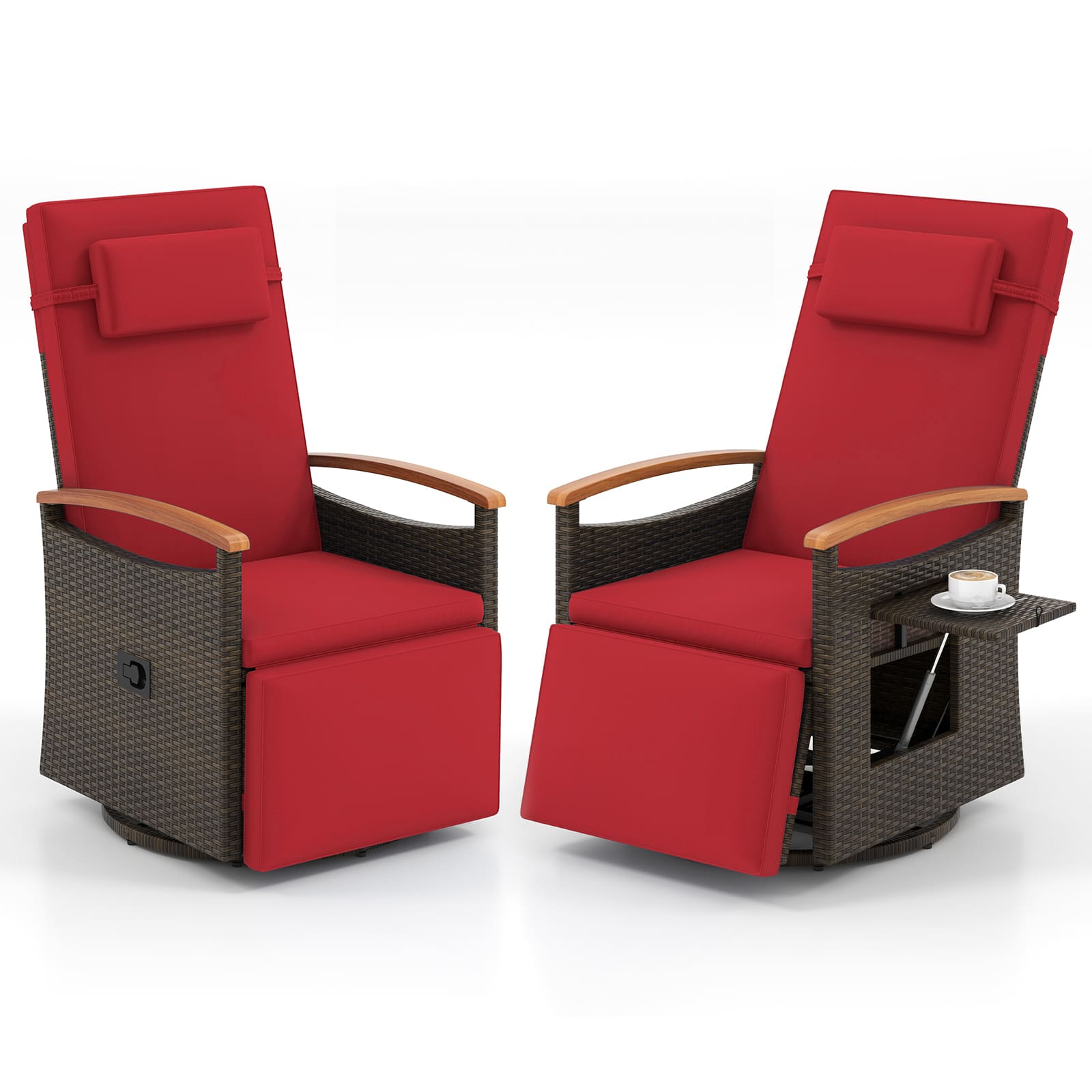 Gymax - Set Of 2 Outdoor 360° Swivel Rattan Recliner Chair Patio Wicker Chaise Lounge Chair Red - Mix Brown, Red price history on PriceWatchPro