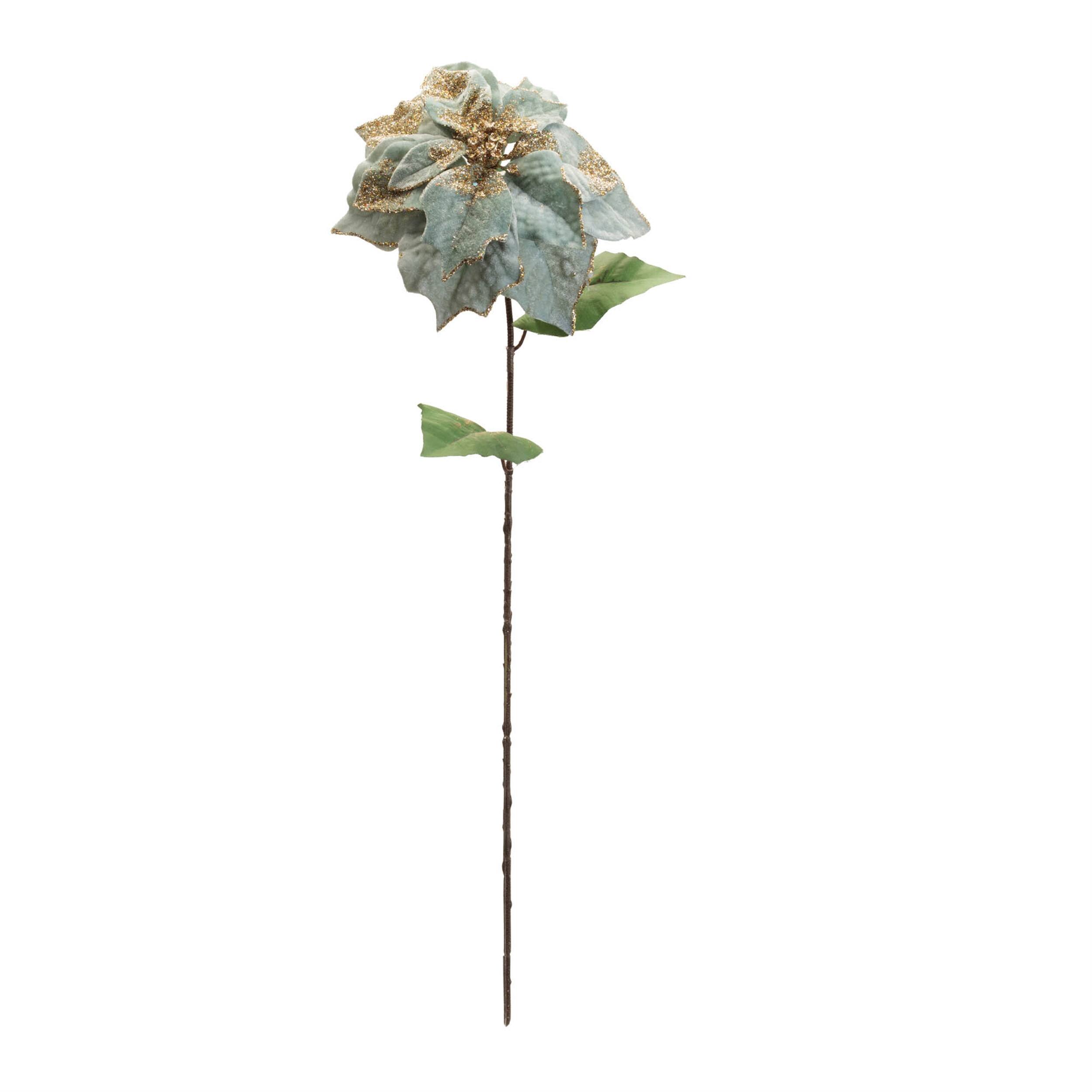 Angle. BreeBe - Glittered Poinsettia Flower Stem (Set of 6) - Green, Gold.