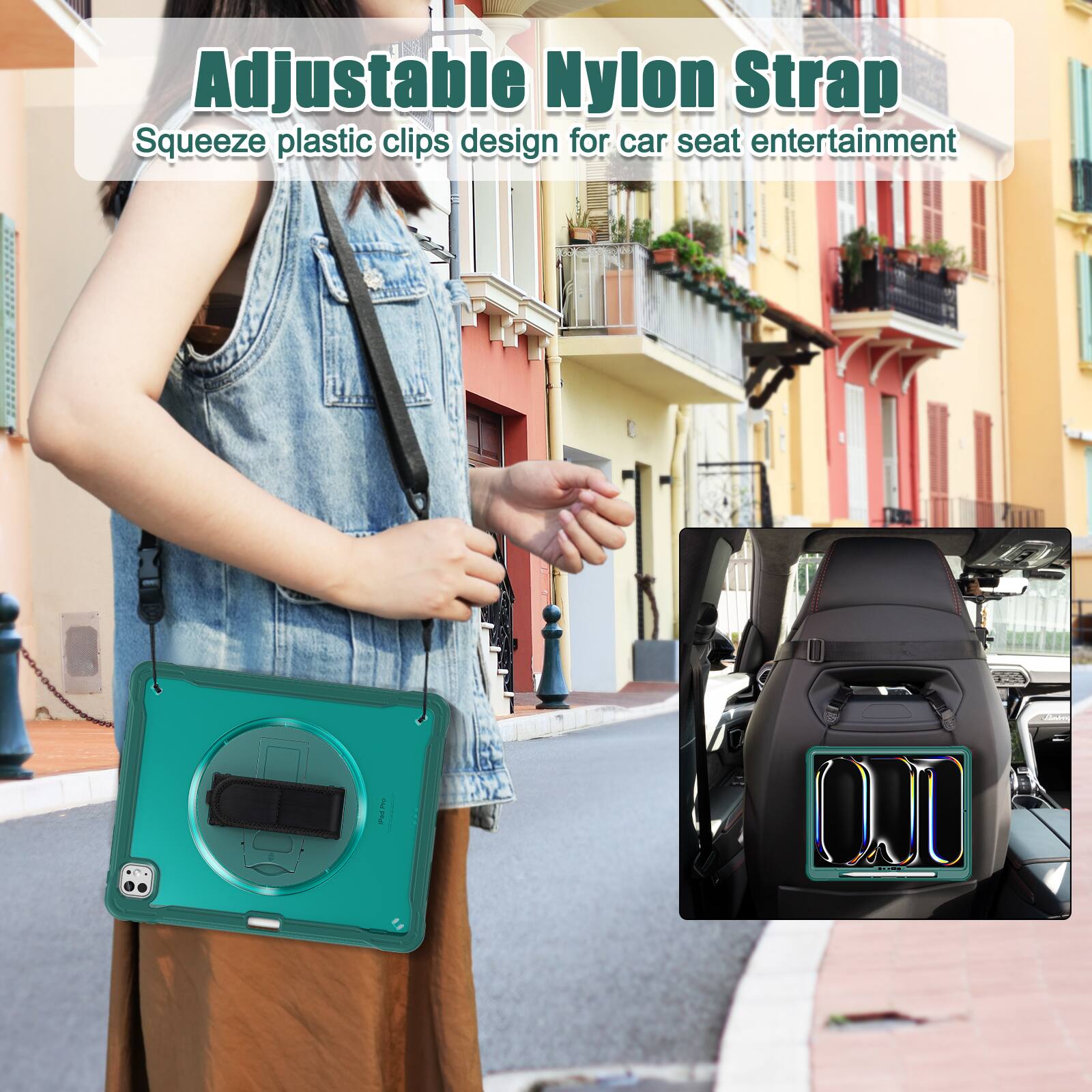 Adjustable Nylon Strap  
Squeeze plastic clips design for car seat entertainment
