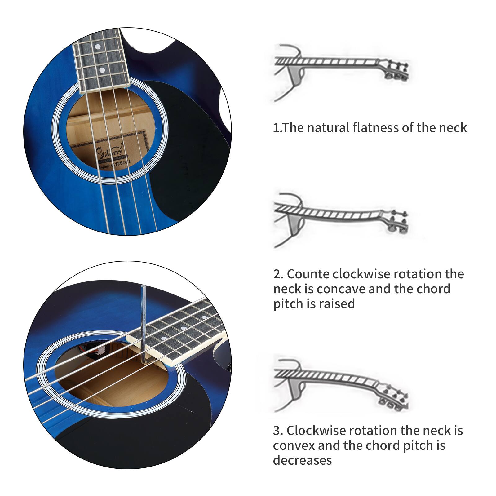 1. The natural flatness of the neck

2. Counterclockwise rotation the neck is concave and the chord pitch is raised

3. Clockwise rotation the neck is convex and the chord pitch is decreases