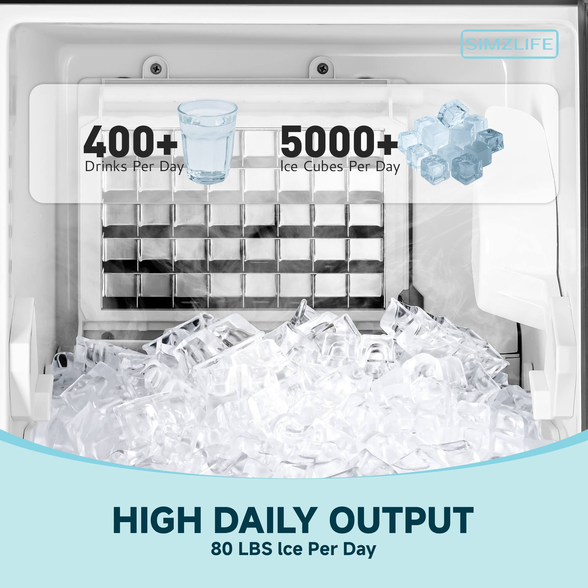 SIMZLIFE

400+ Drinks Per Day  
5000+ Ice Cubes Per Day

HIGH DAILY OUTPUT  
80 LBS Ice Per Day