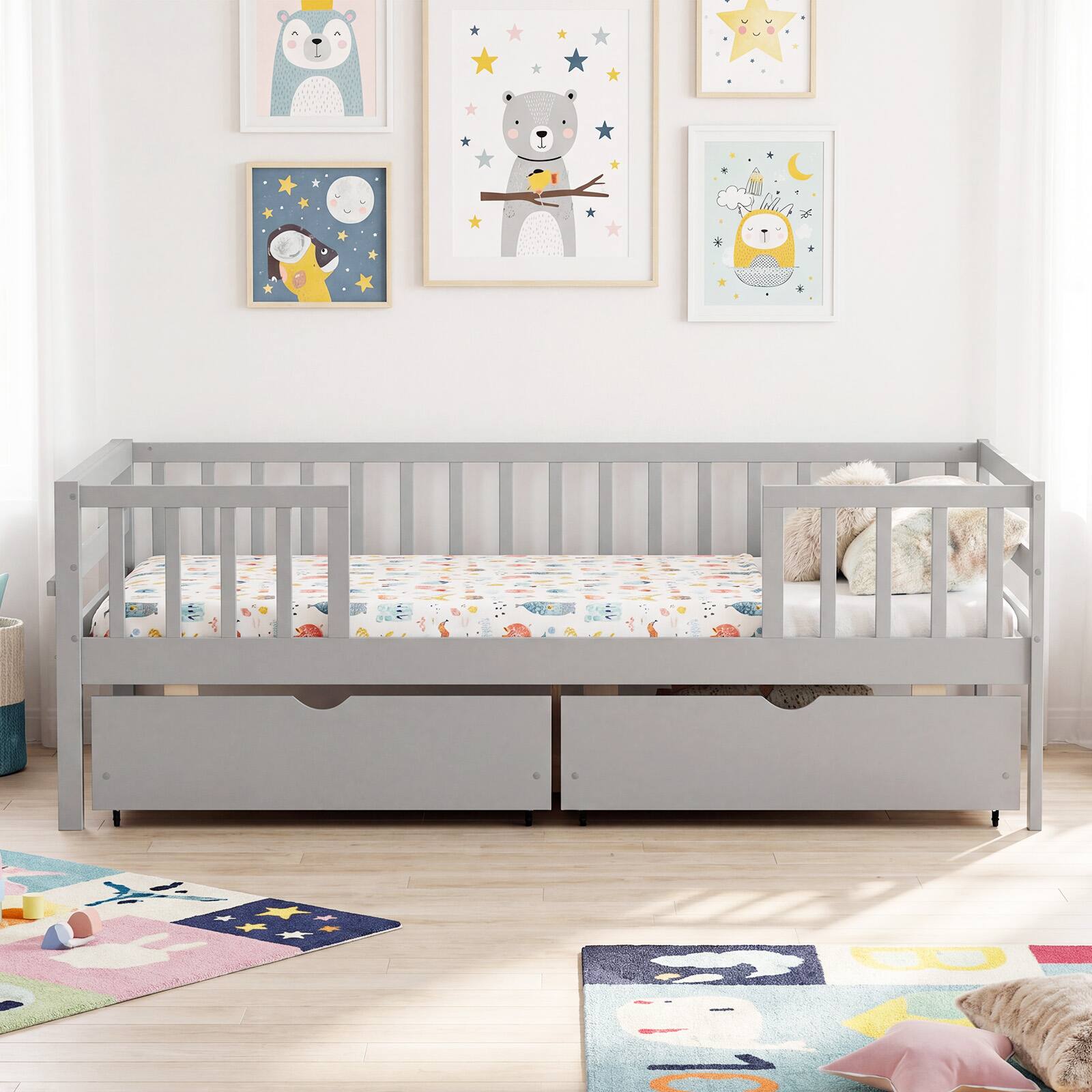 Alt View 3. Costway - Costway Full Size Daybed with Fence and 2 Drawers,Railings & Slats Support, Bed Frame - Gray.
