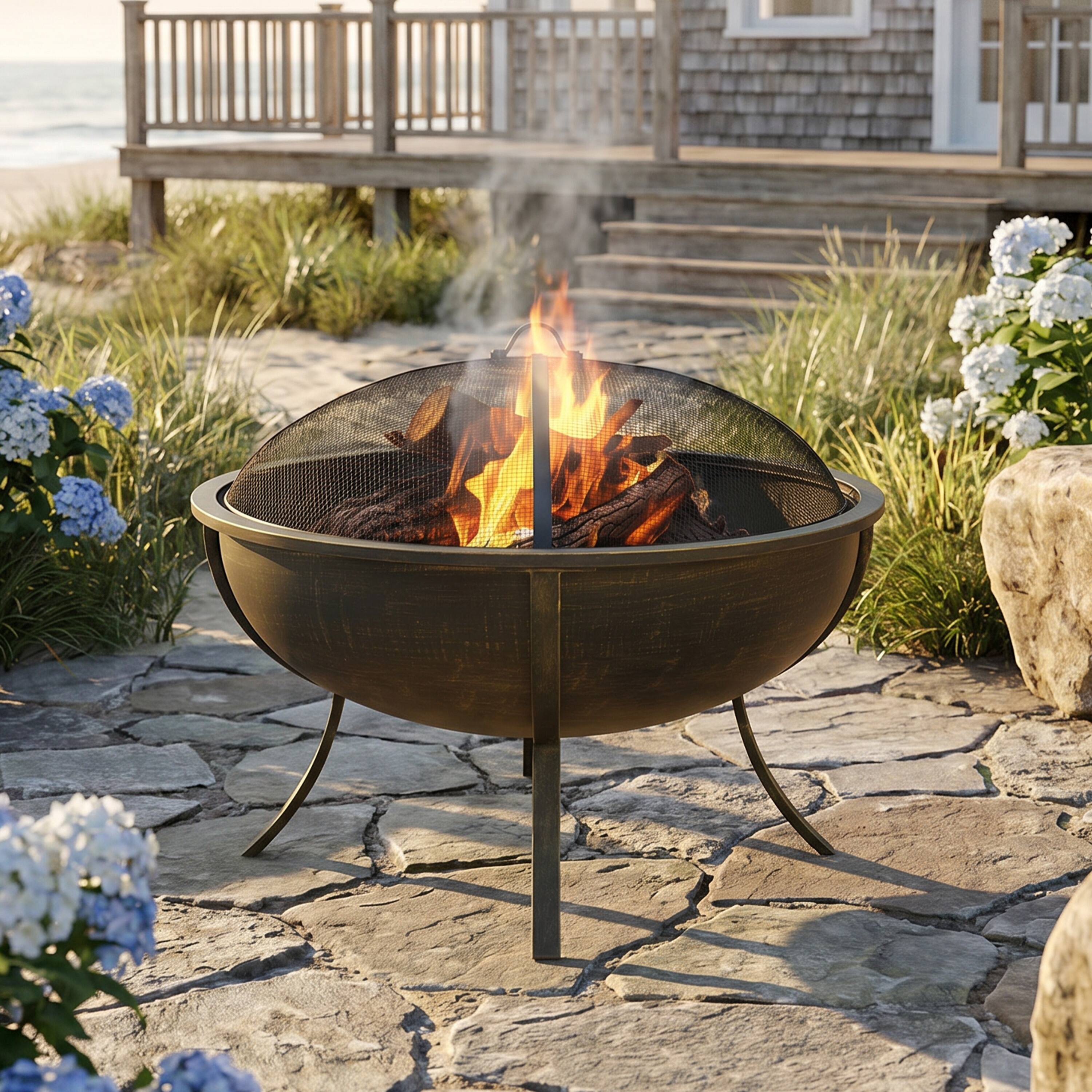 Alt View 10. Sunnydaze - 32 in Steel Fire Pit with Screen, Grate, and Poker - Brushed Brass.