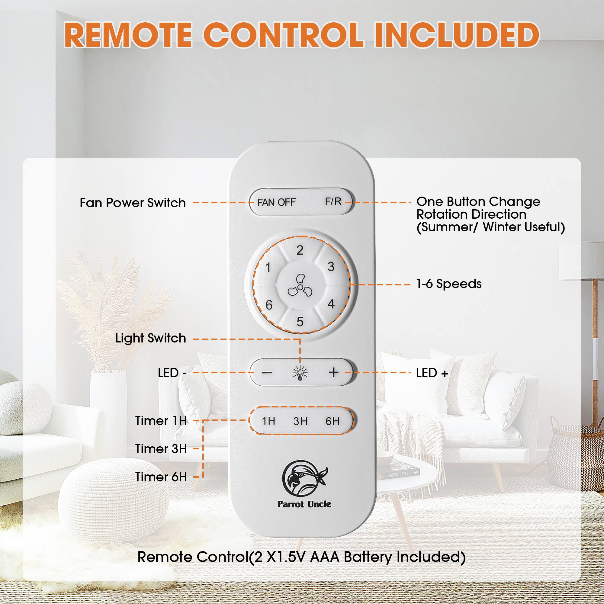 REMOTE CONTROL INCLUDED

- Fan Power Switch
  - FAN OFF
  - F/R

- Light Switch

- LED
  - LED -

- Timer
  - 1H
  - 3H
  - 6H

- One Button Change Rotation Direction (Summer/ Winter Useful)

- 1-6 Speeds

- LED +

- Timer 1H
- Timer 3H
- Timer 6H

Remote Control (2 X1.5V AAA Battery Included)

Parrot Uncle