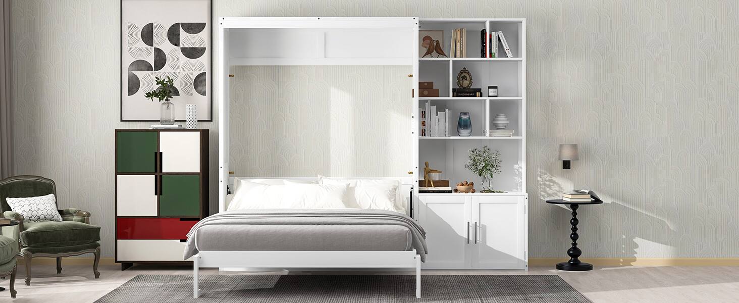 Alt View 6. Tiramisubest - Full Size White Murphy Bed, Solid Wood + MDF, 95x16x84 inches, 228 lbs - White.